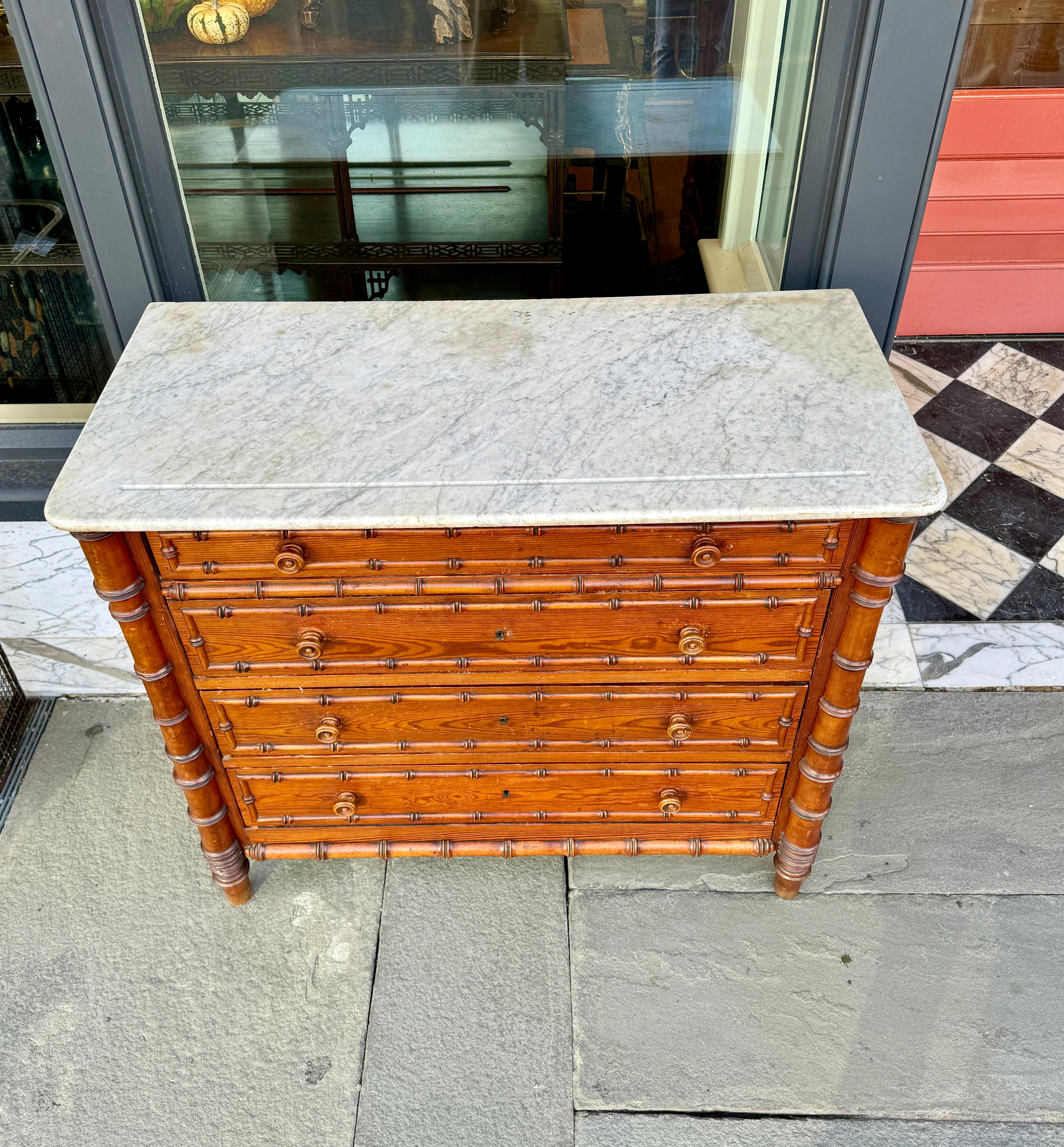 Pine French pine faux bamboo chest with marble top
