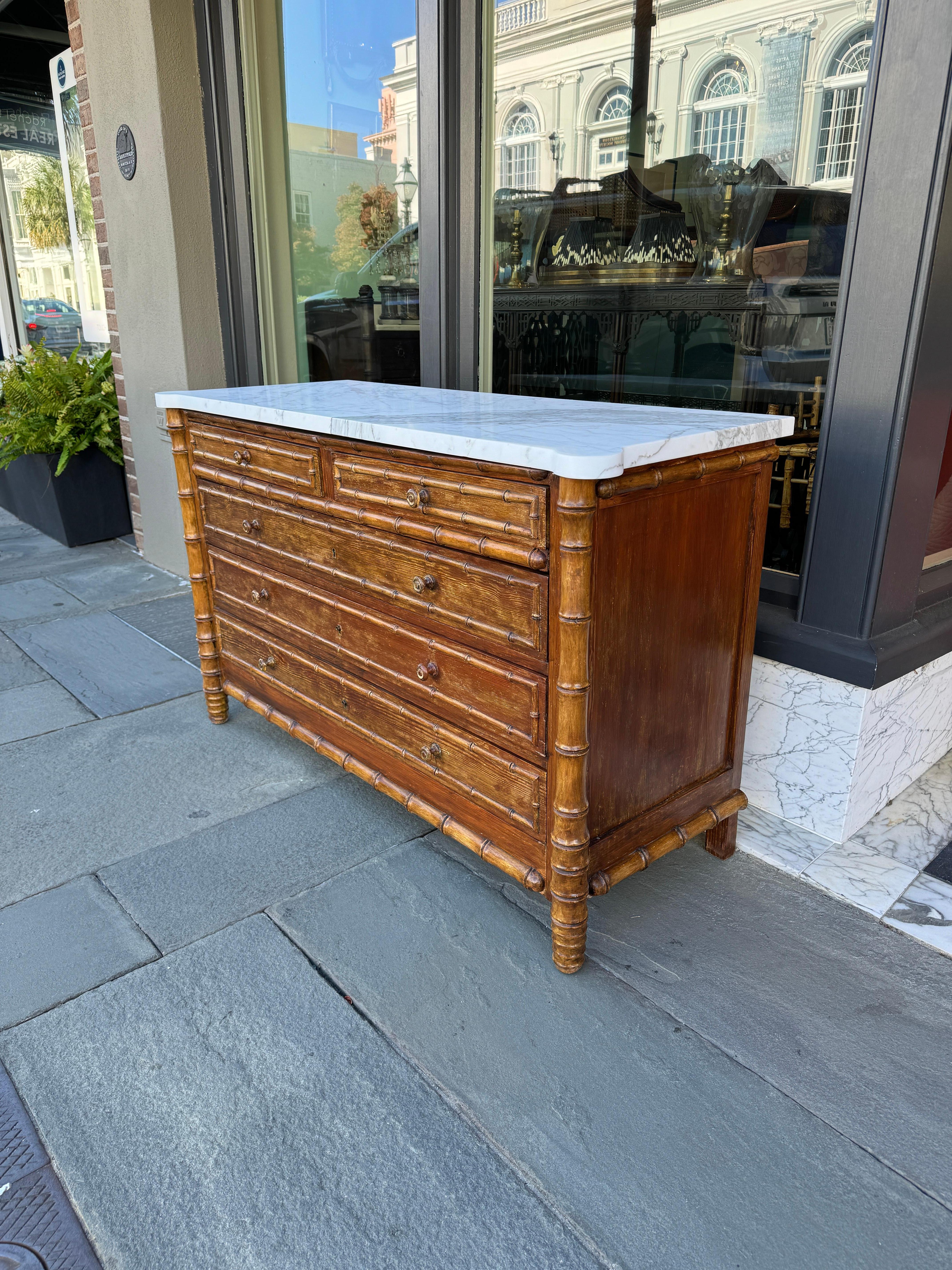 French pine faux bamboo chest with marble top 1