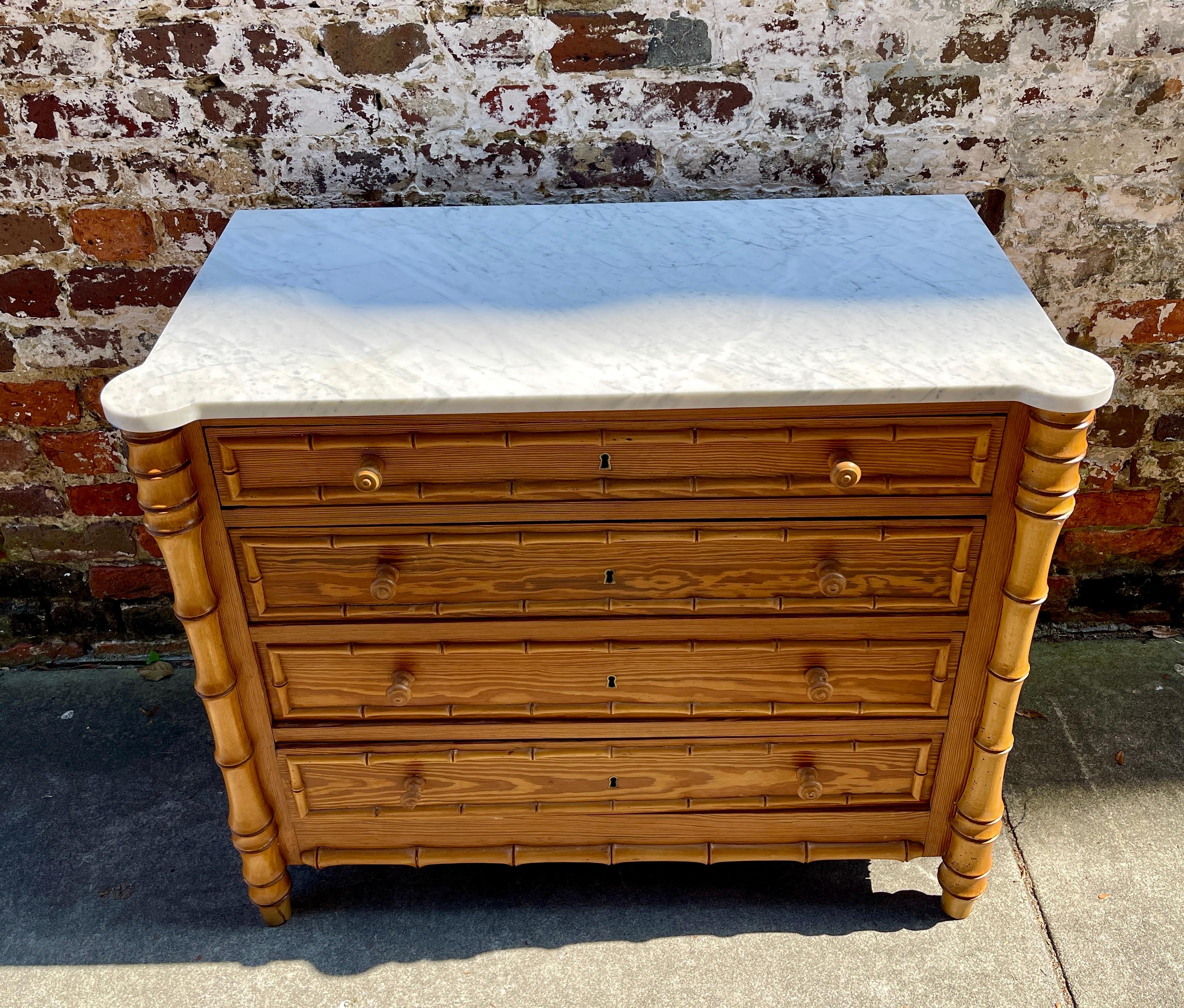 French Pine Faux Bamboo Chest with White Stone Top Early 20th Century In Good Condition In Charleston, SC