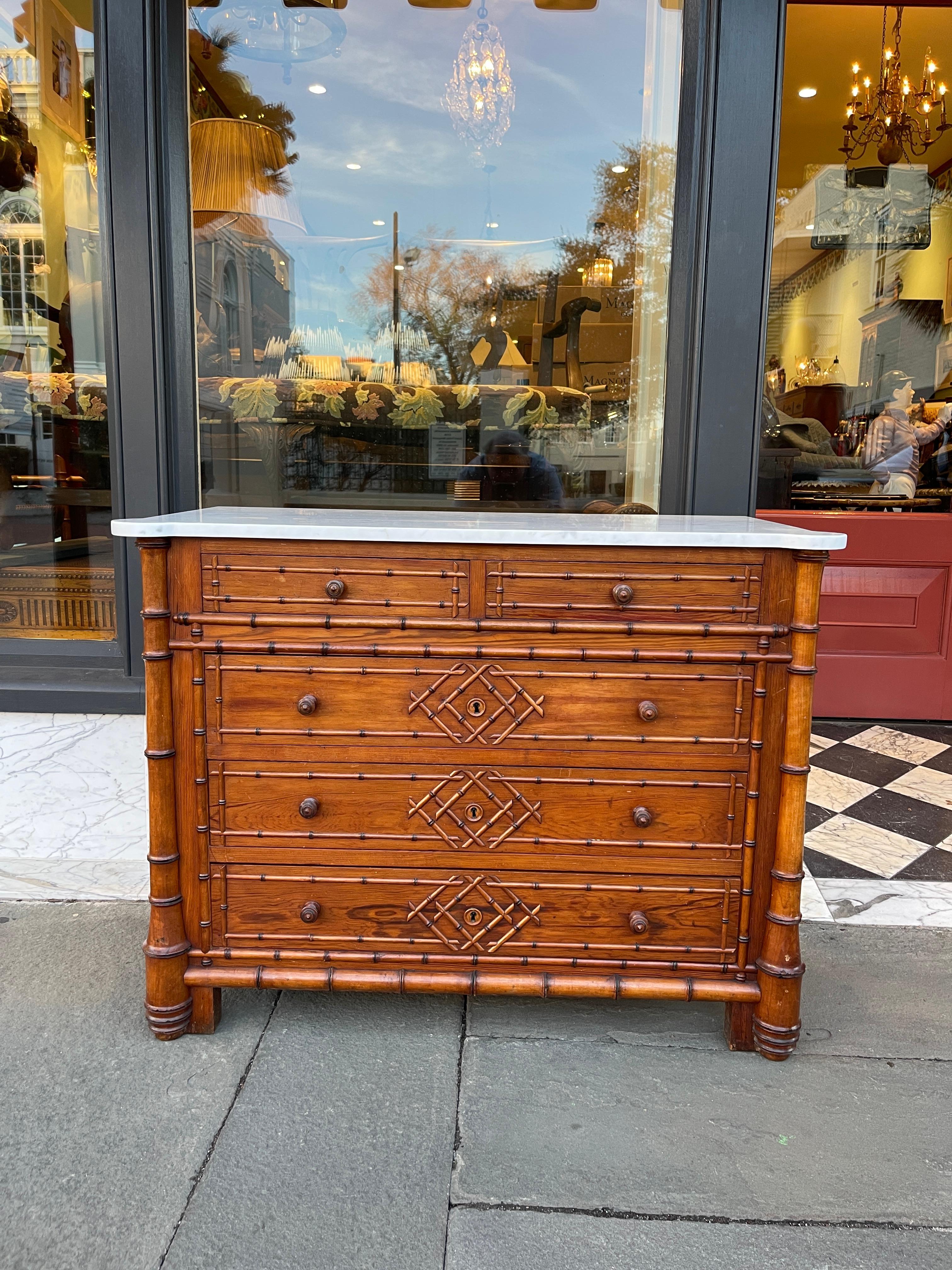 French faux bamboo chest with re cut marble top