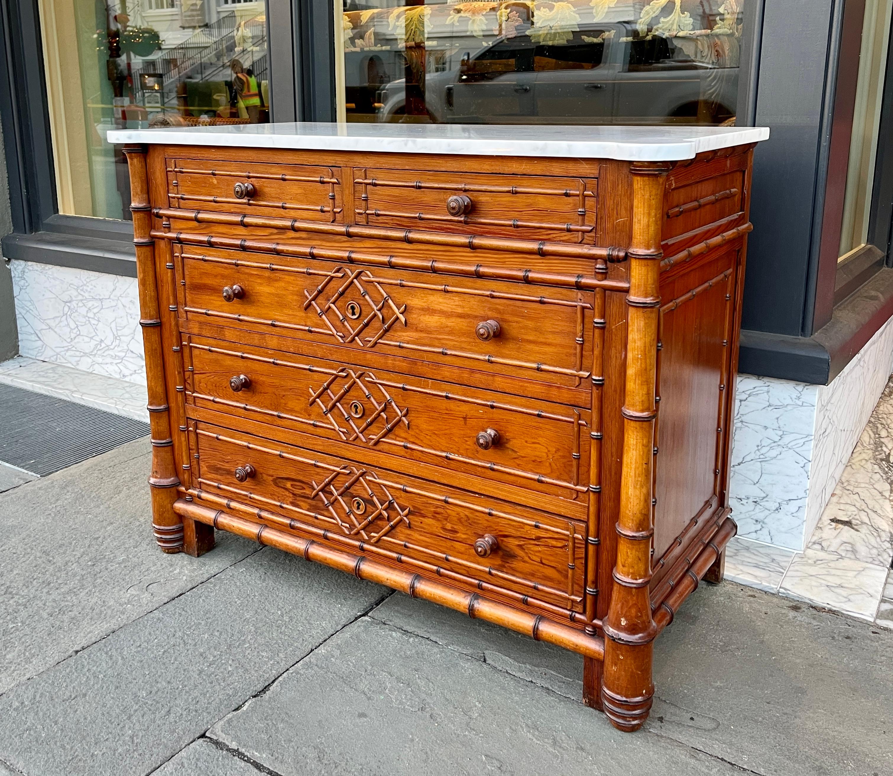 French pine faux bamboo marble top chest In Good Condition In Charleston, SC