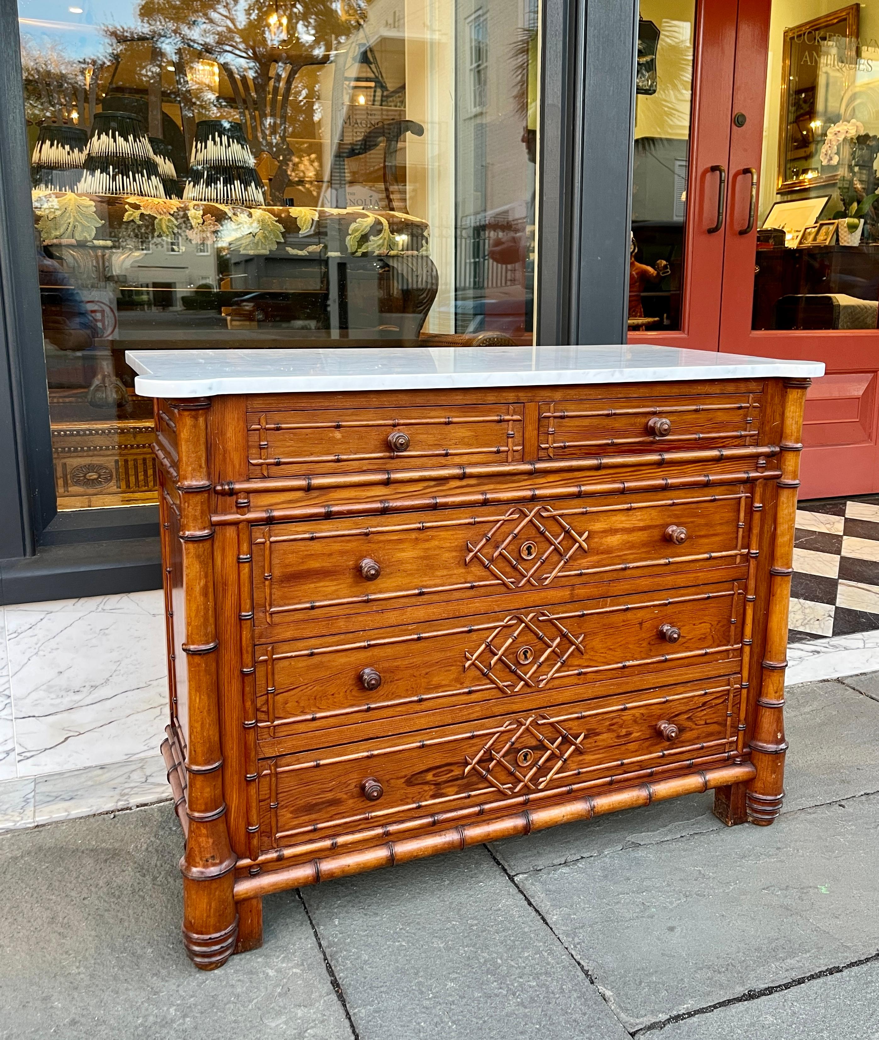 20th Century French pine faux bamboo marble top chest