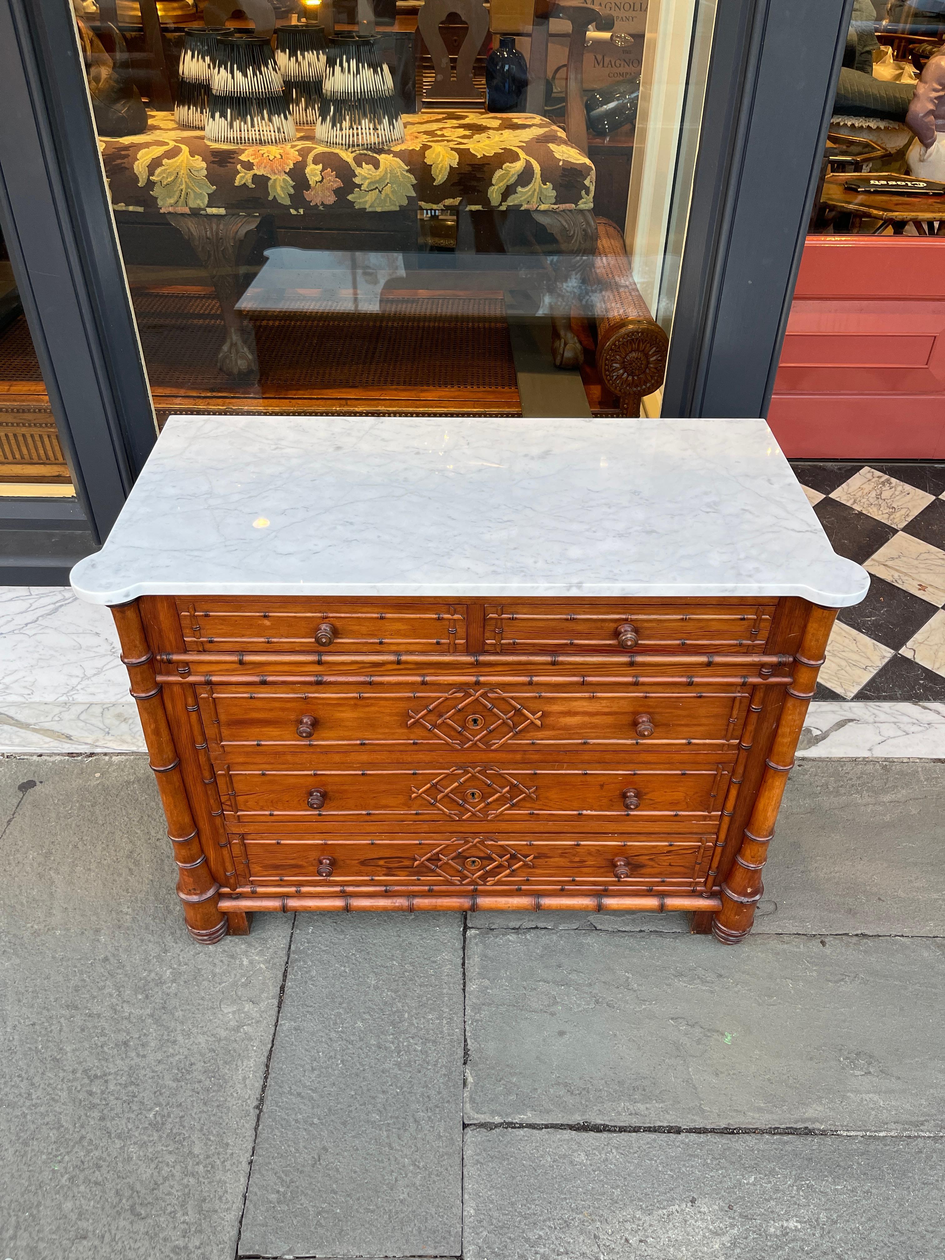 Pine French pine faux bamboo marble top chest