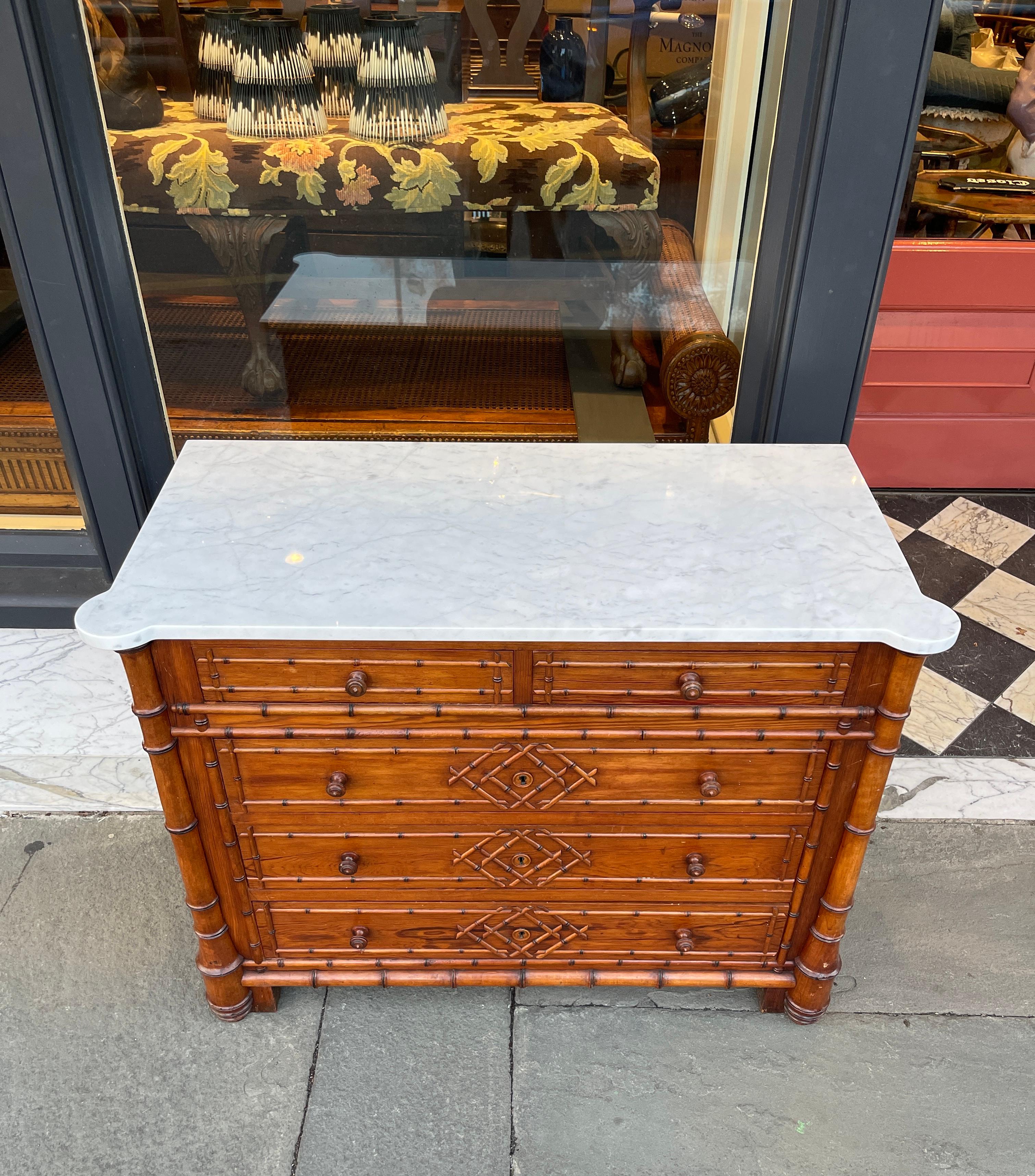 French pine faux bamboo marble top chest 1