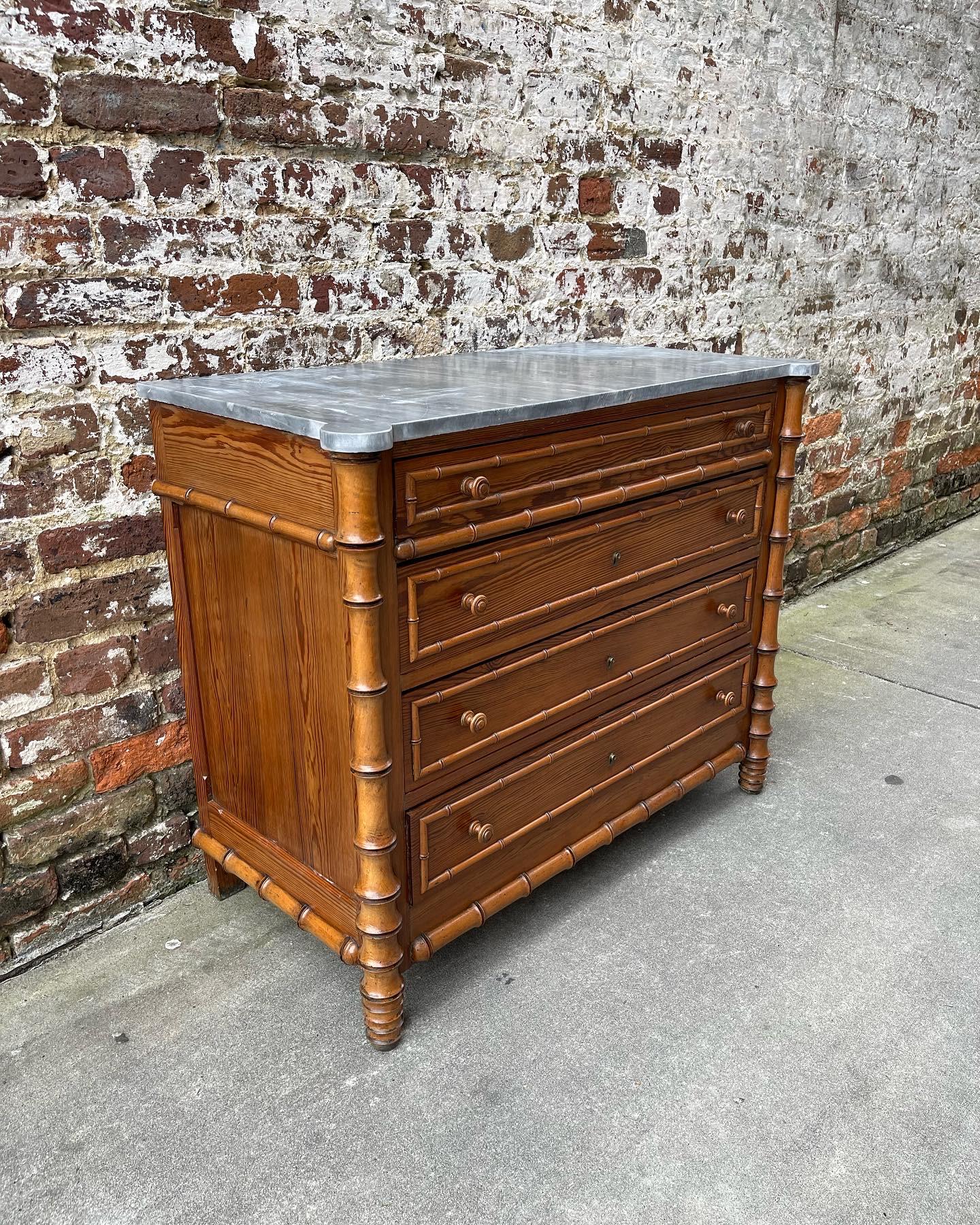 French marble top faux bamboo chest.