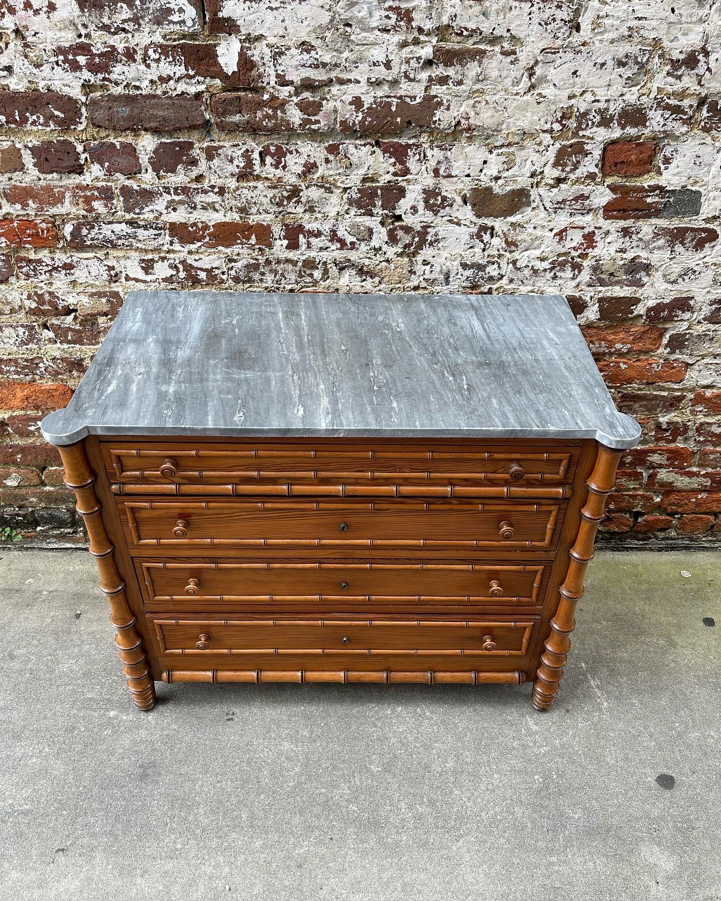 French Pine Faux Bamboo Marble Top Chest with Gray Stone Top In Good Condition In Charleston, SC