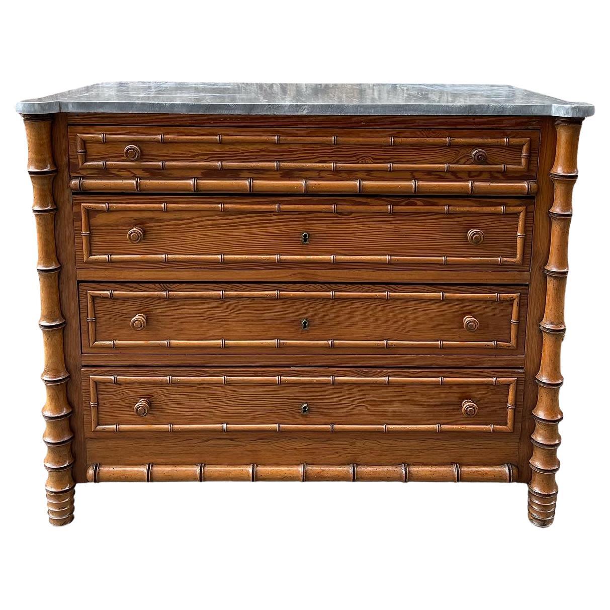 French Pine Faux Bamboo Marble Top Chest with Gray Stone Top