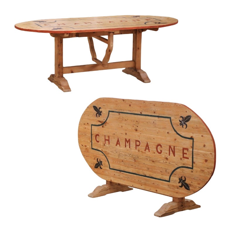 French Pine Folding Wine Tasting Table with “Champagne” and Fleurs de Lys Motifs For Sale