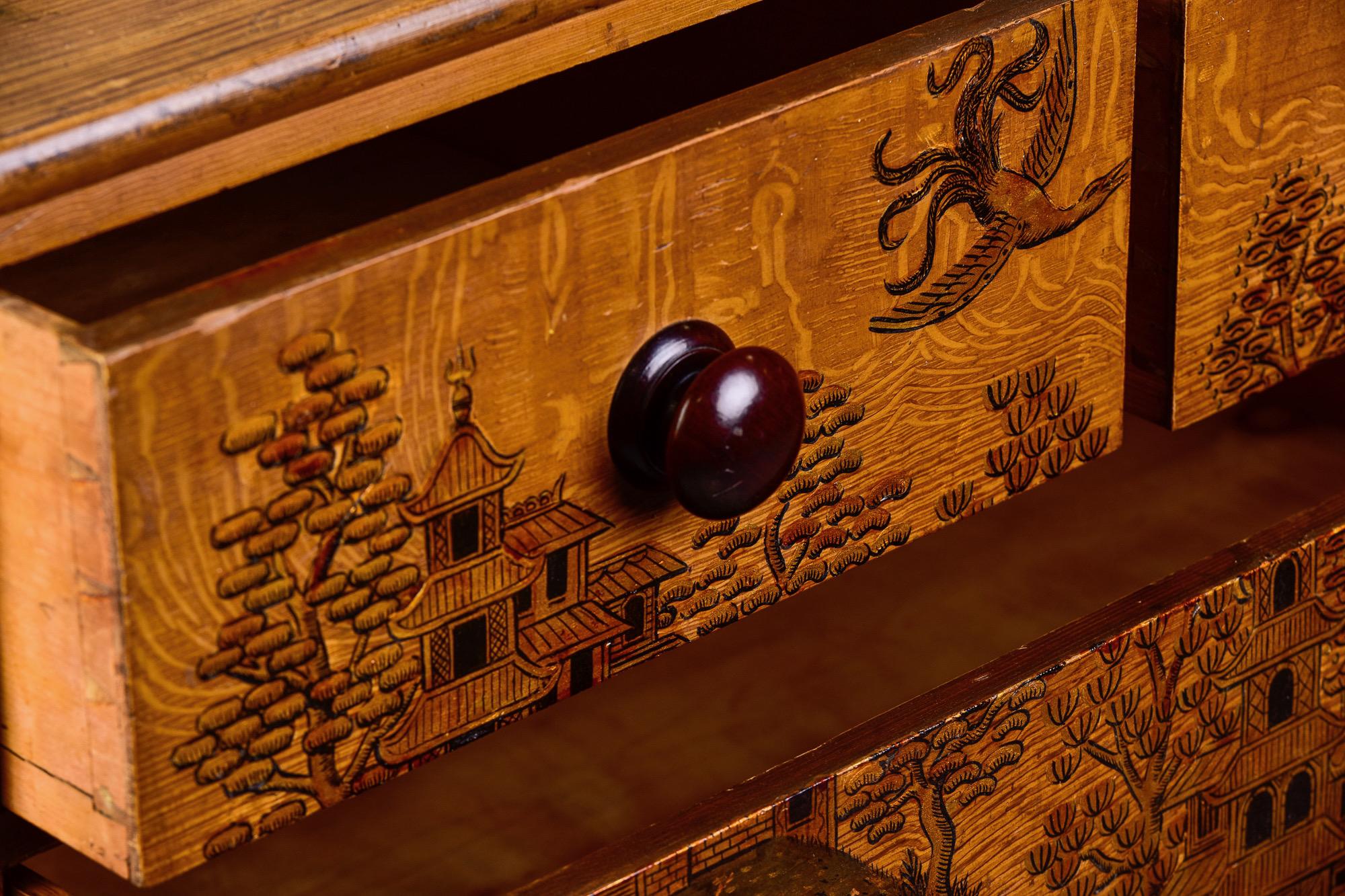 French Pine Four Drawer Chest with Hand Painted Asian Scene 3
