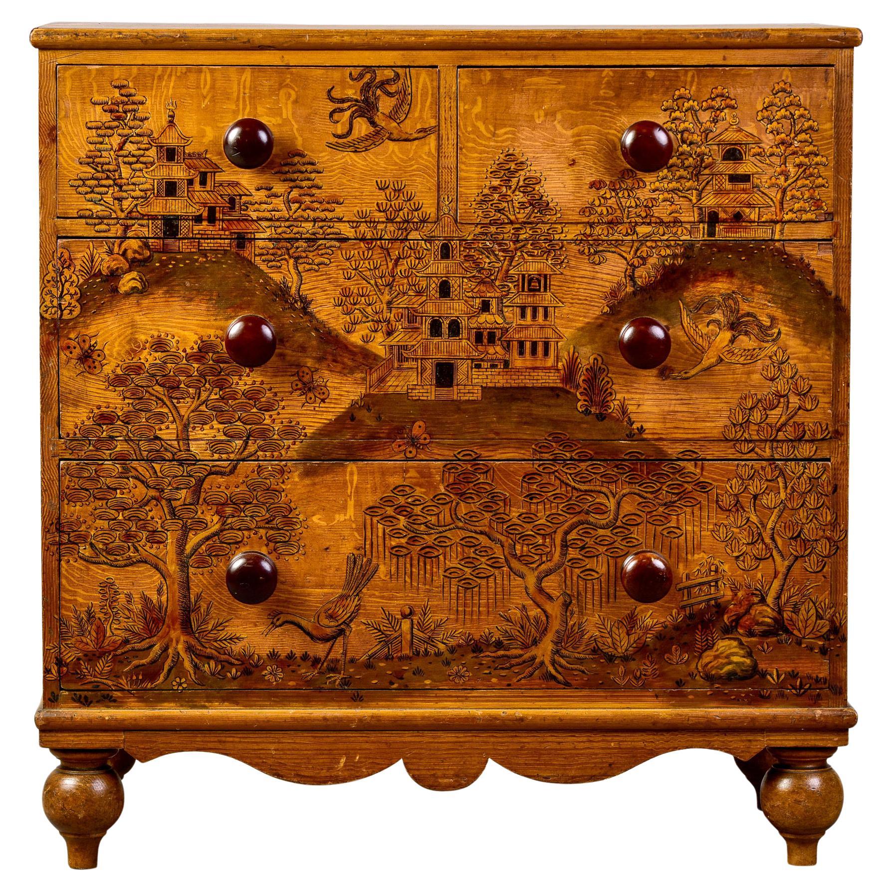 French Pine Four Drawer Chest with Hand Painted Asian Scene