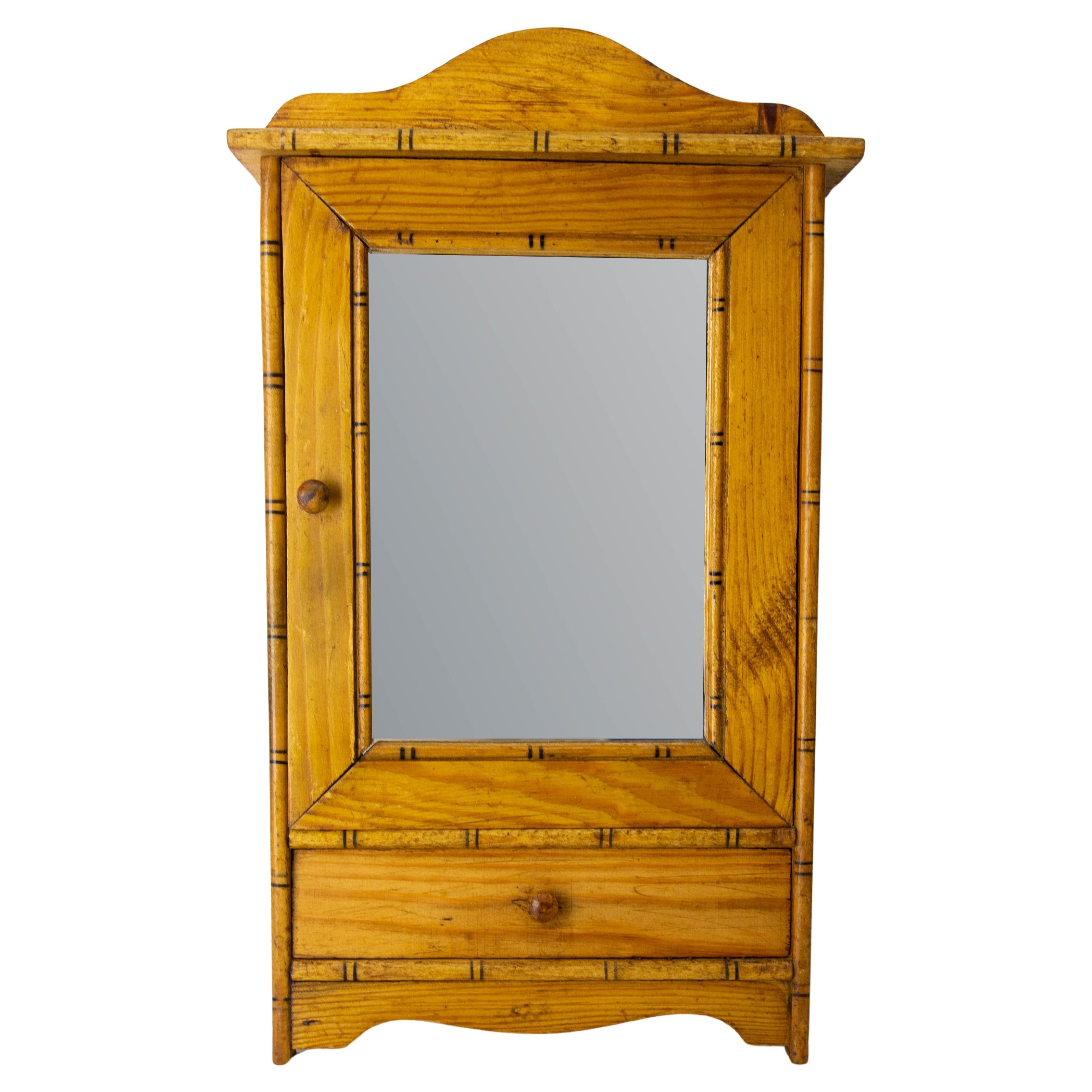French Pine & Mirror Doll Wardrobe Bamboo Imitation Children Toy, circa 1900