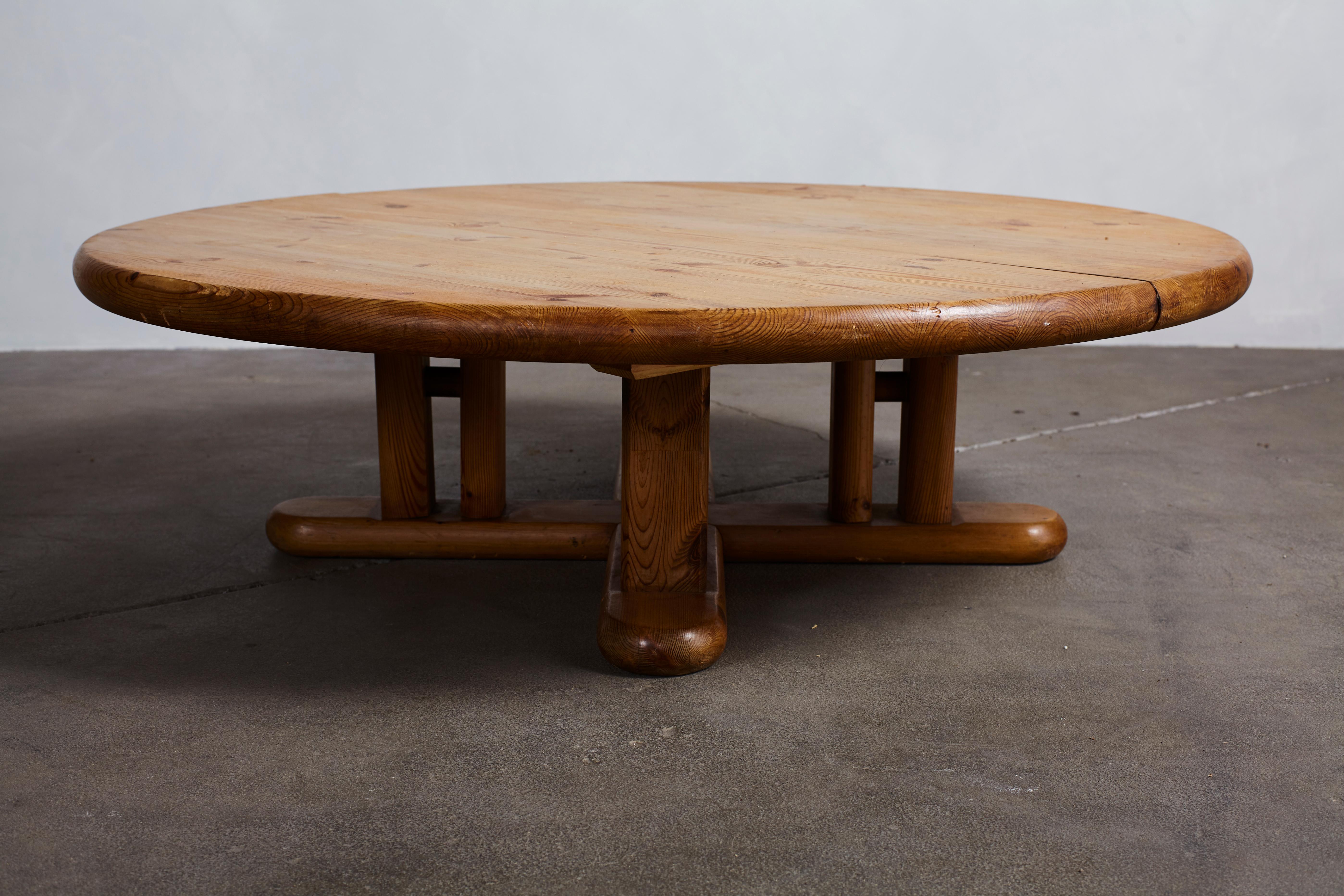 Mid-20th Century French Pine Round Coffee Table with Cross Leg Base