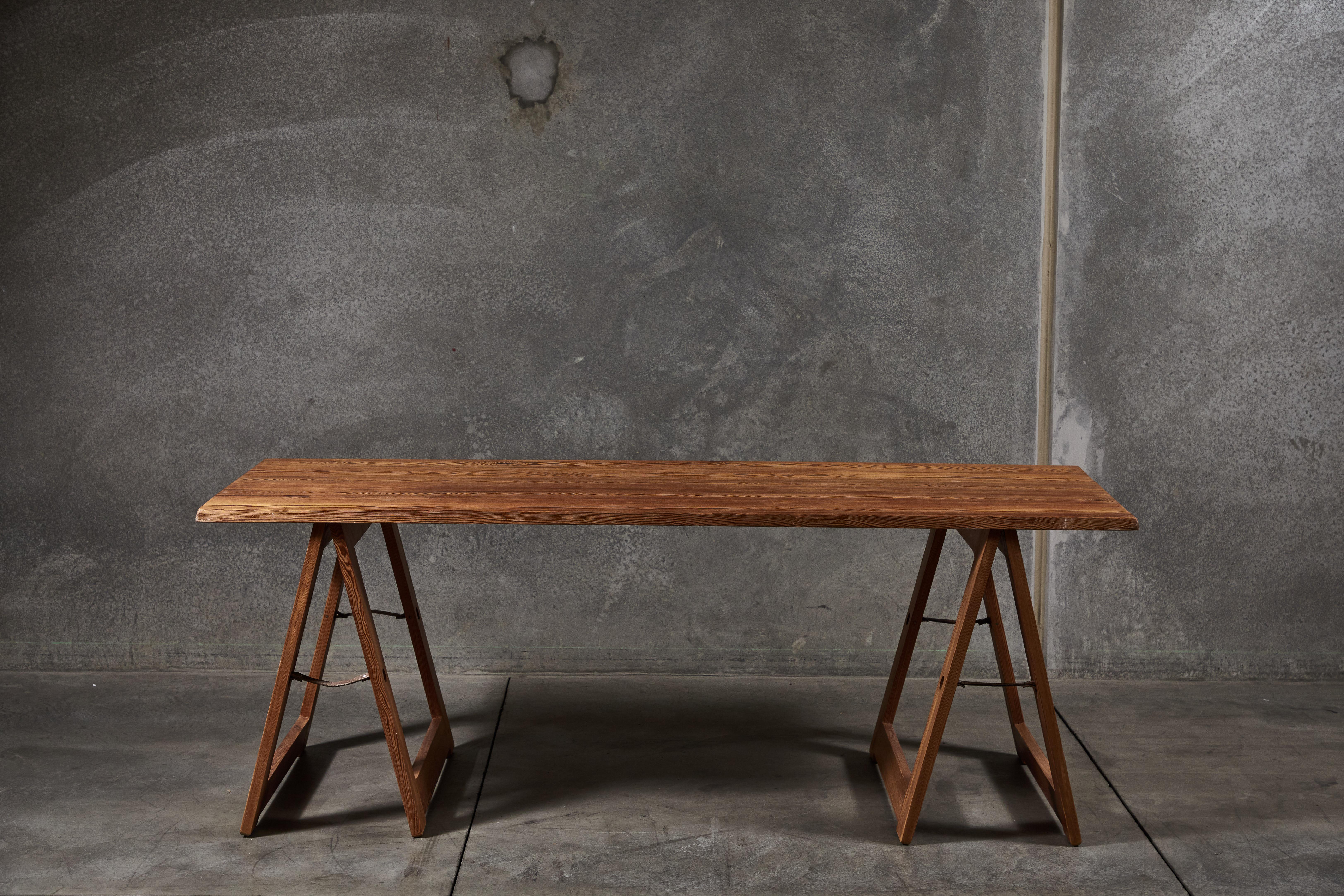 French folding trestle table/console with leather details. Made in France, circa 1970s.