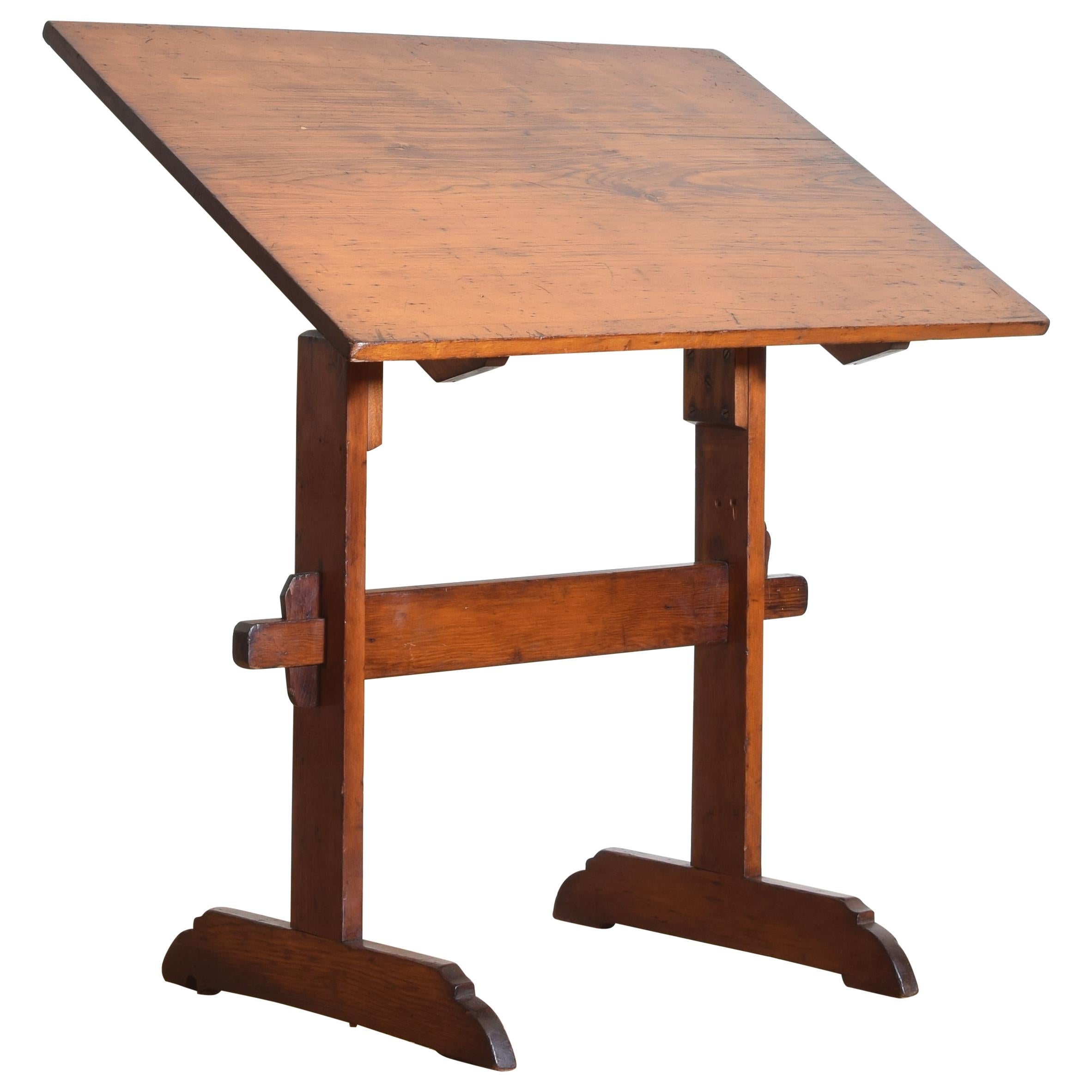 French Pinewood Adjustable Drafting Table or Desk, circa 1900