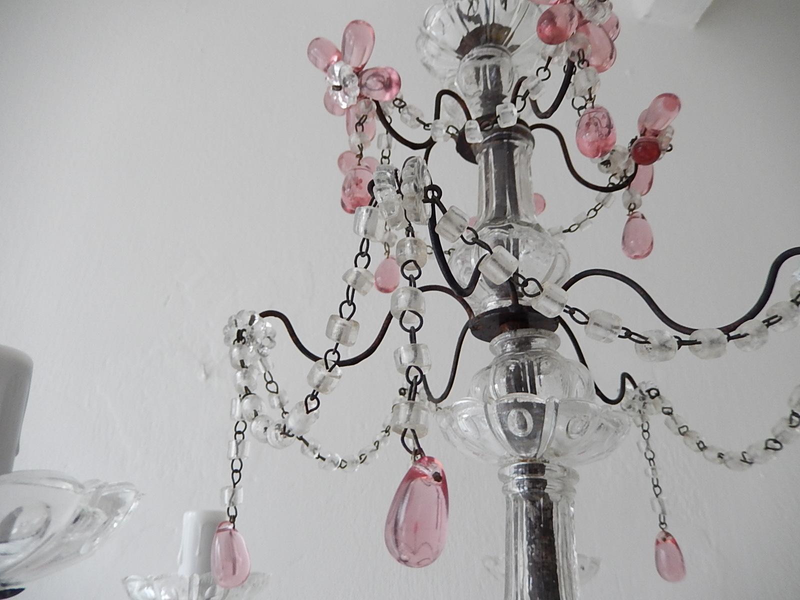 French Pink Amethyst Crystal Flowers Murano Glass Chandelier, circa 1920 For Sale 5