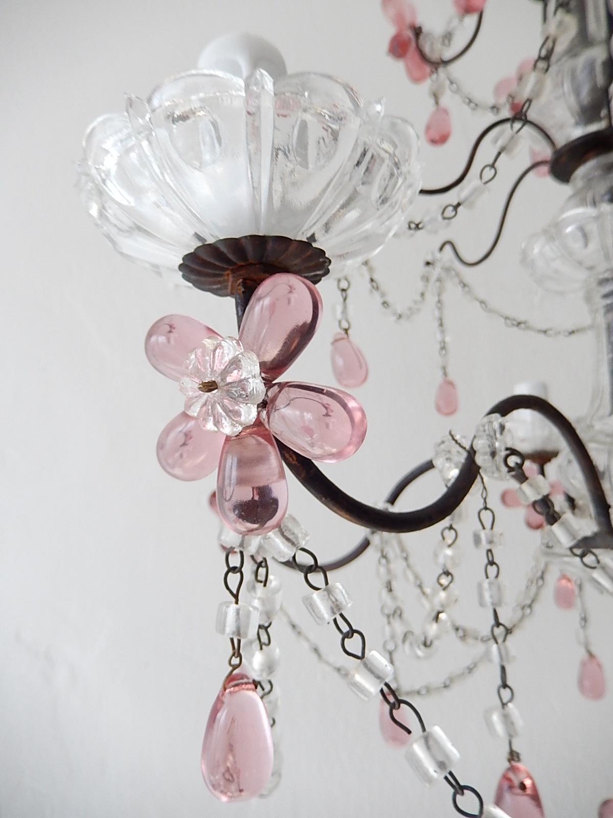 French Pink Amethyst Crystal Flowers Murano Glass Chandelier, circa 1920 For Sale 7