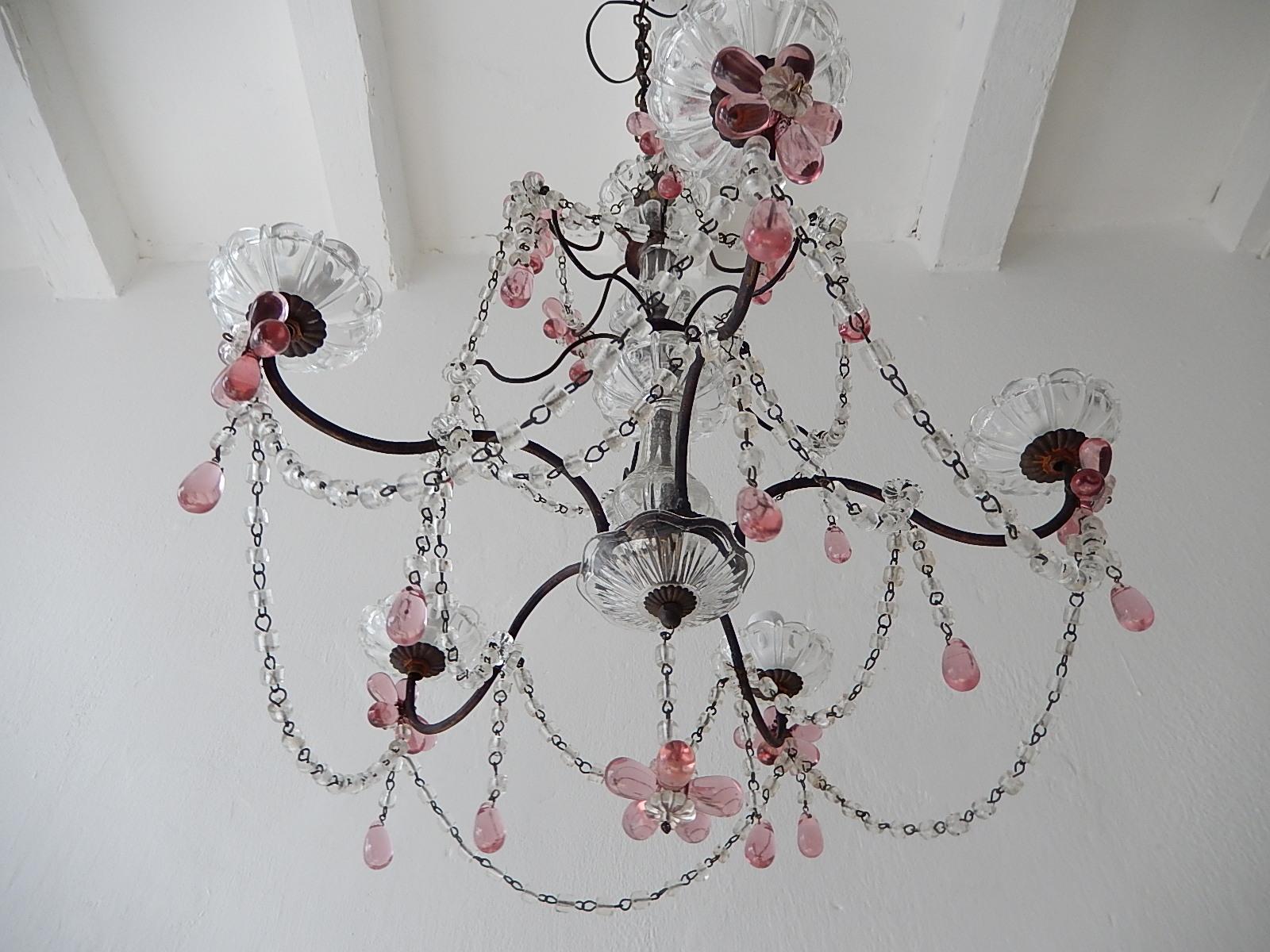 French Pink Amethyst Crystal Flowers Murano Glass Chandelier, circa 1920 In Good Condition For Sale In Firenze, Toscana