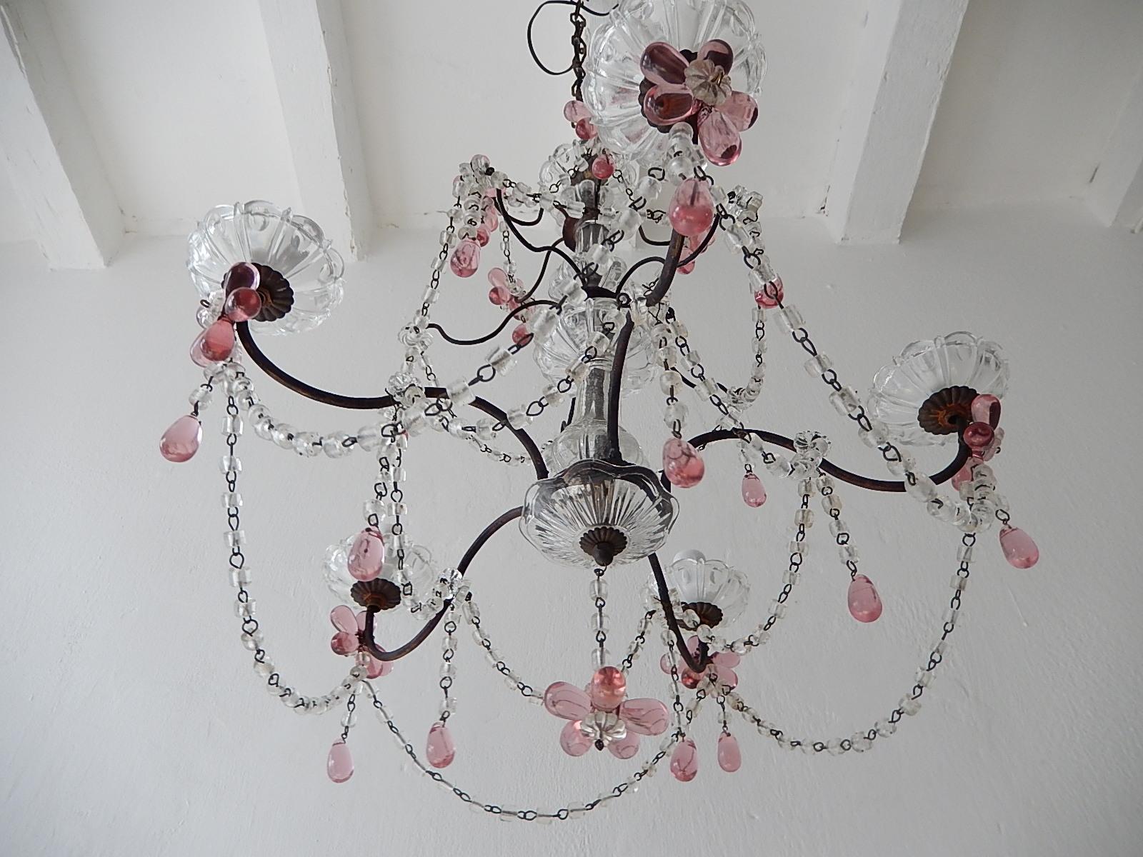 French Pink Amethyst Crystal Flowers Murano Glass Chandelier, circa 1920 In Good Condition In Firenze, Toscana