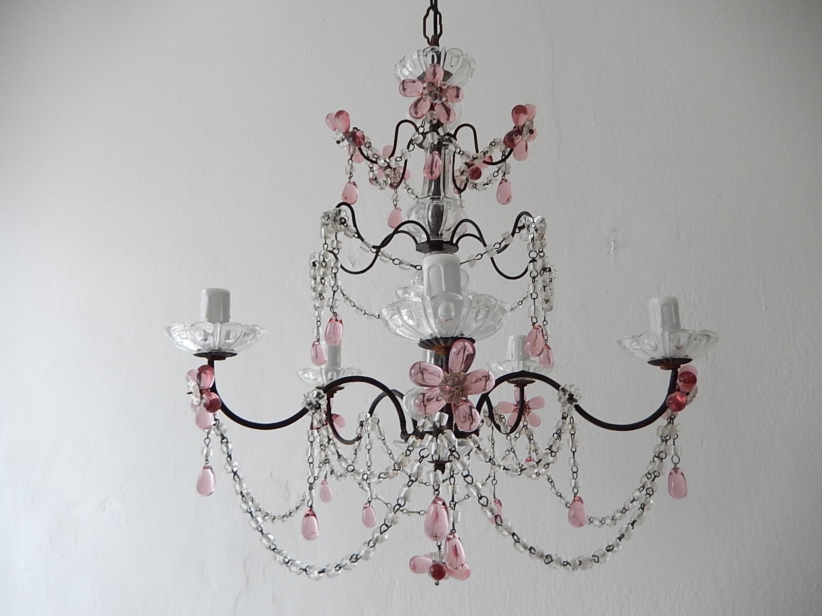 Early 20th Century French Pink Amethyst Crystal Flowers Murano Glass Chandelier, circa 1920 For Sale