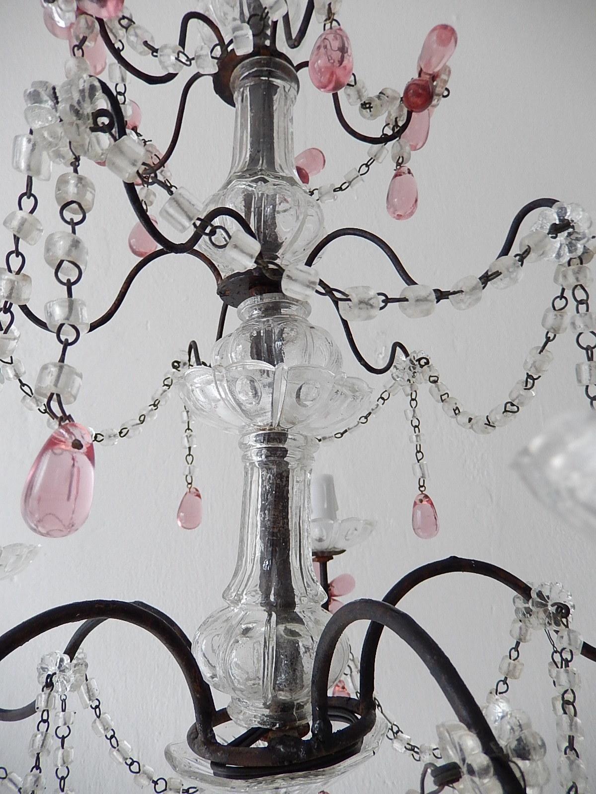 French Pink Amethyst Crystal Flowers Murano Glass Chandelier, circa 1920 For Sale 2