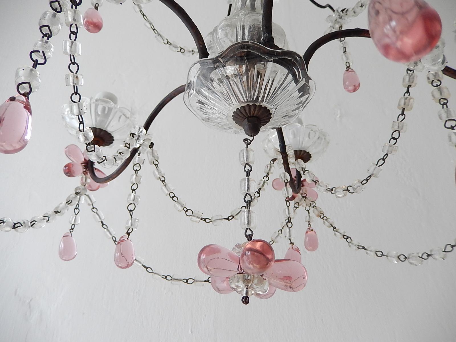 French Pink Amethyst Crystal Flowers Murano Glass Chandelier, circa 1920 For Sale 3