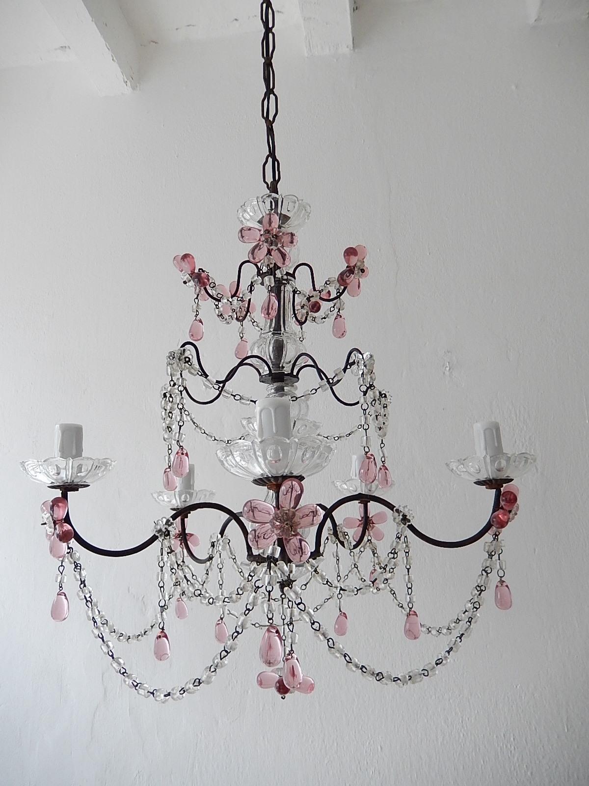 French Pink Amethyst Crystal Flowers Murano Glass Chandelier, circa 1920 For Sale 4