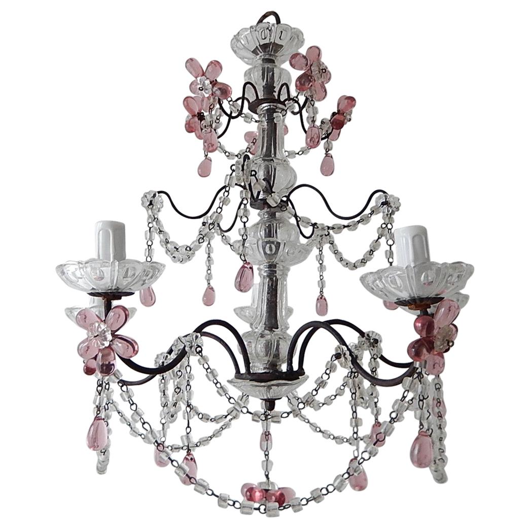 French Pink Amethyst Crystal Flowers Murano Glass Chandelier, circa 1920 For Sale