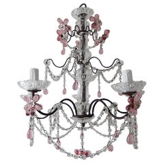 Antique French Pink Amethyst Crystal Flowers Murano Glass Chandelier, circa 1920