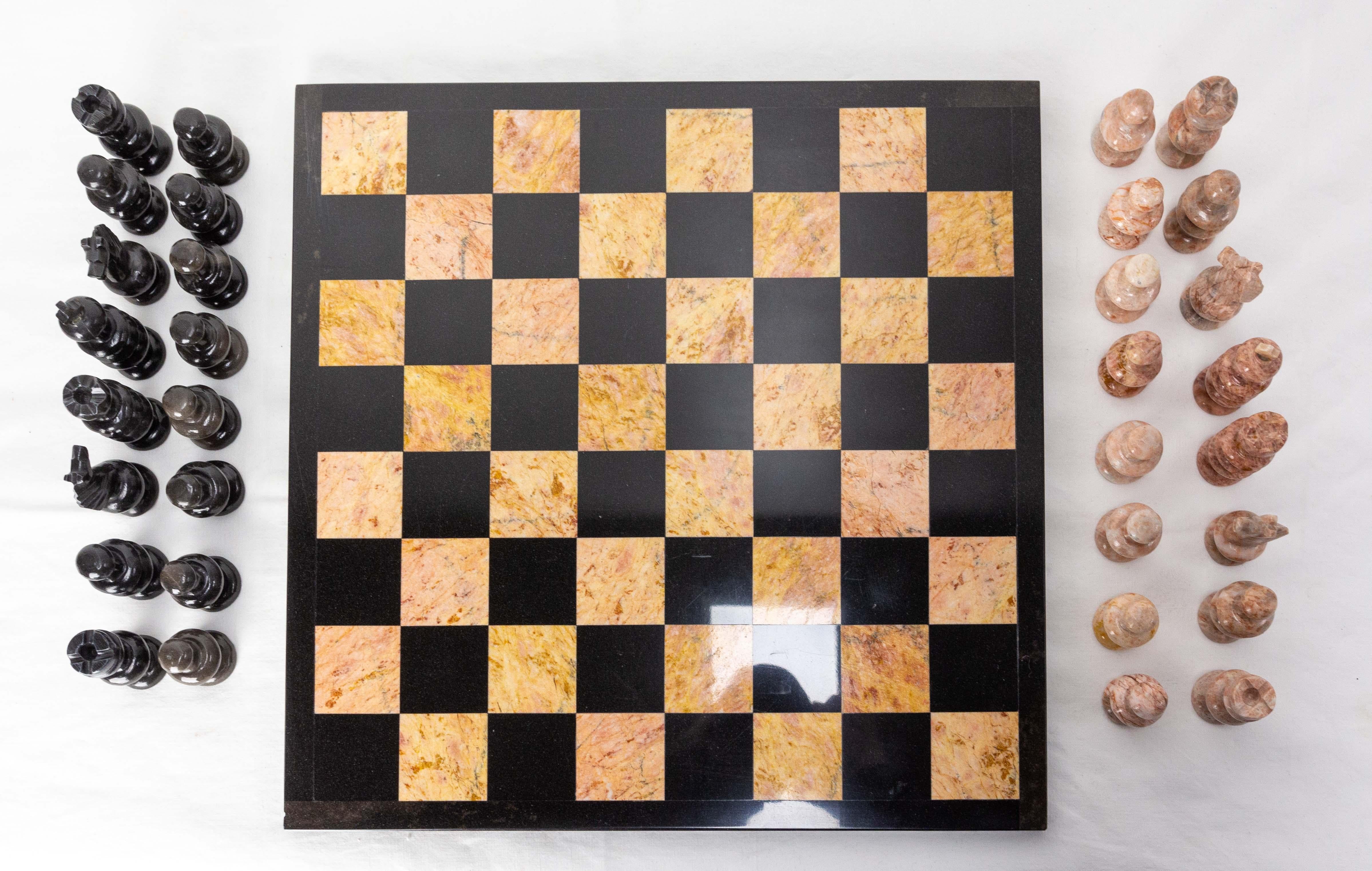 French Pink and Black Marble Chess, circa 1980 1