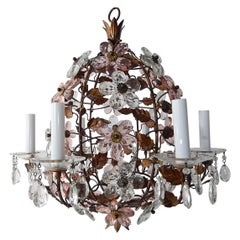 French Pink and Clear Flower Ball Crystal Prisms Maison Baguès Style Chandelier
