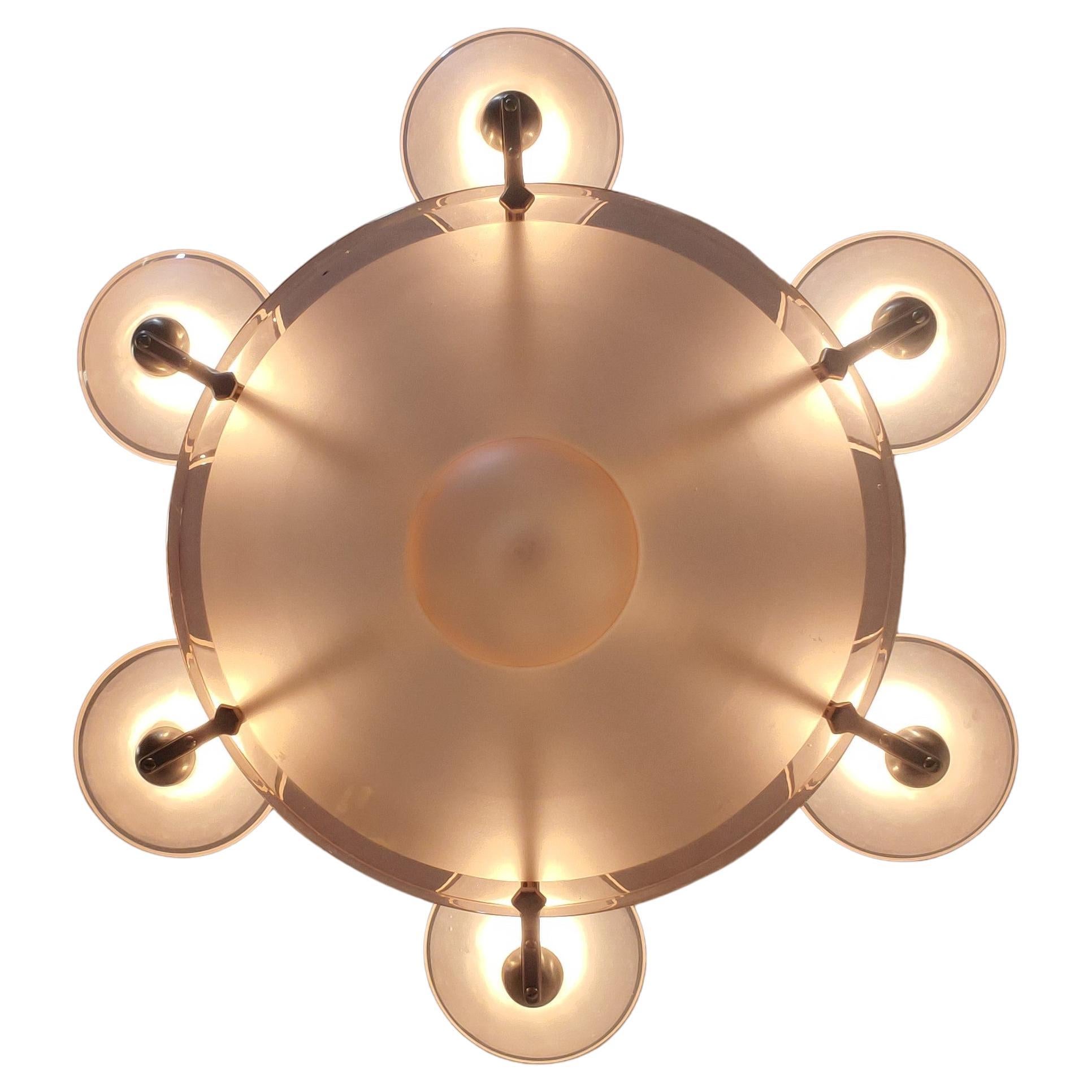 Lampadario francese rosa Art Deco in bronzo nichelato con grande baldacchino centrale e 6 tazze in vendita 3
