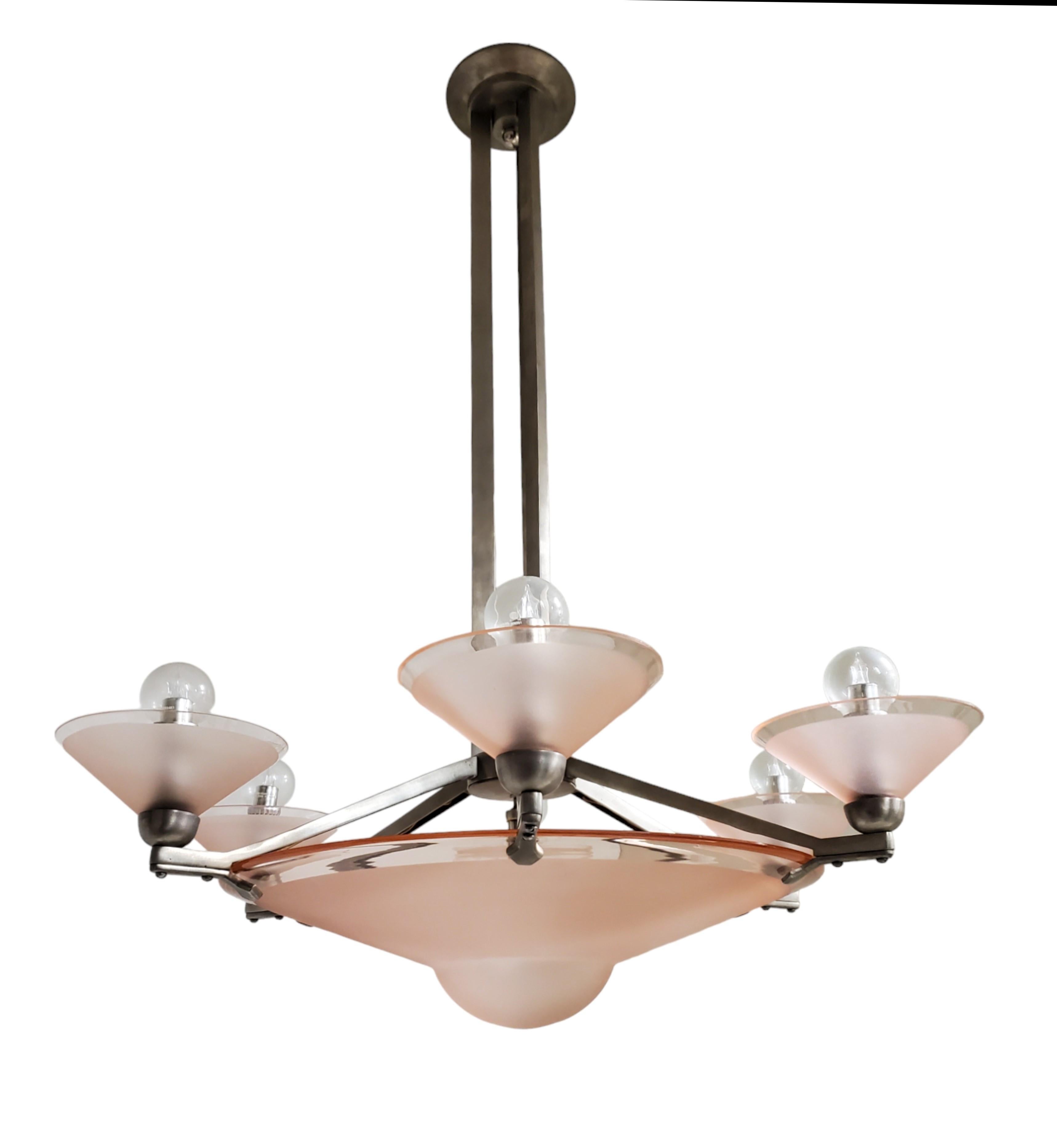 French Pink Art Deco nickeled bronze chandelier w/ large central coupe & 6 cups  For Sale 7