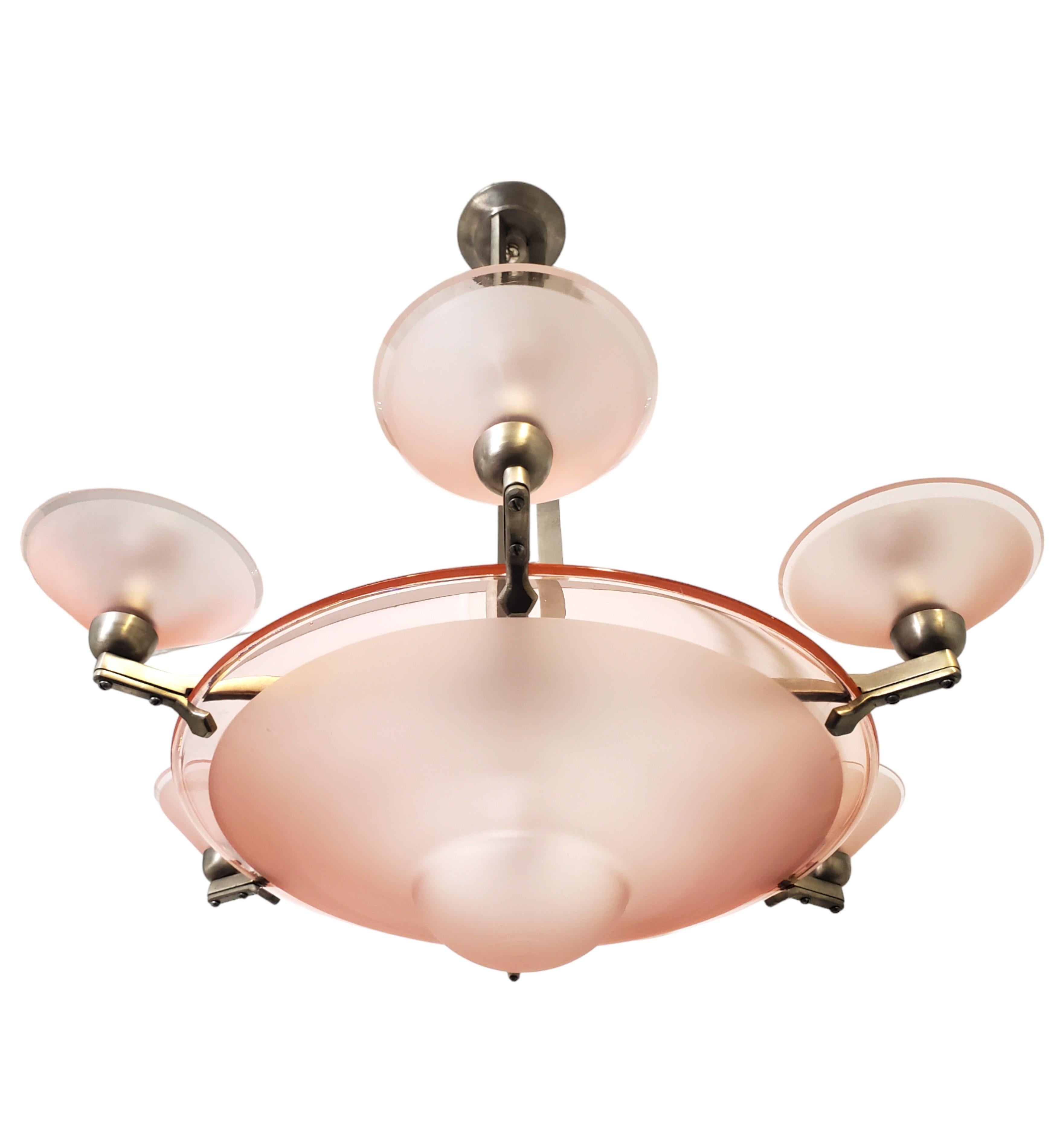 French Pink Art Deco nickeled bronze chandelier w/ large central coupe & 6 cups  For Sale 11