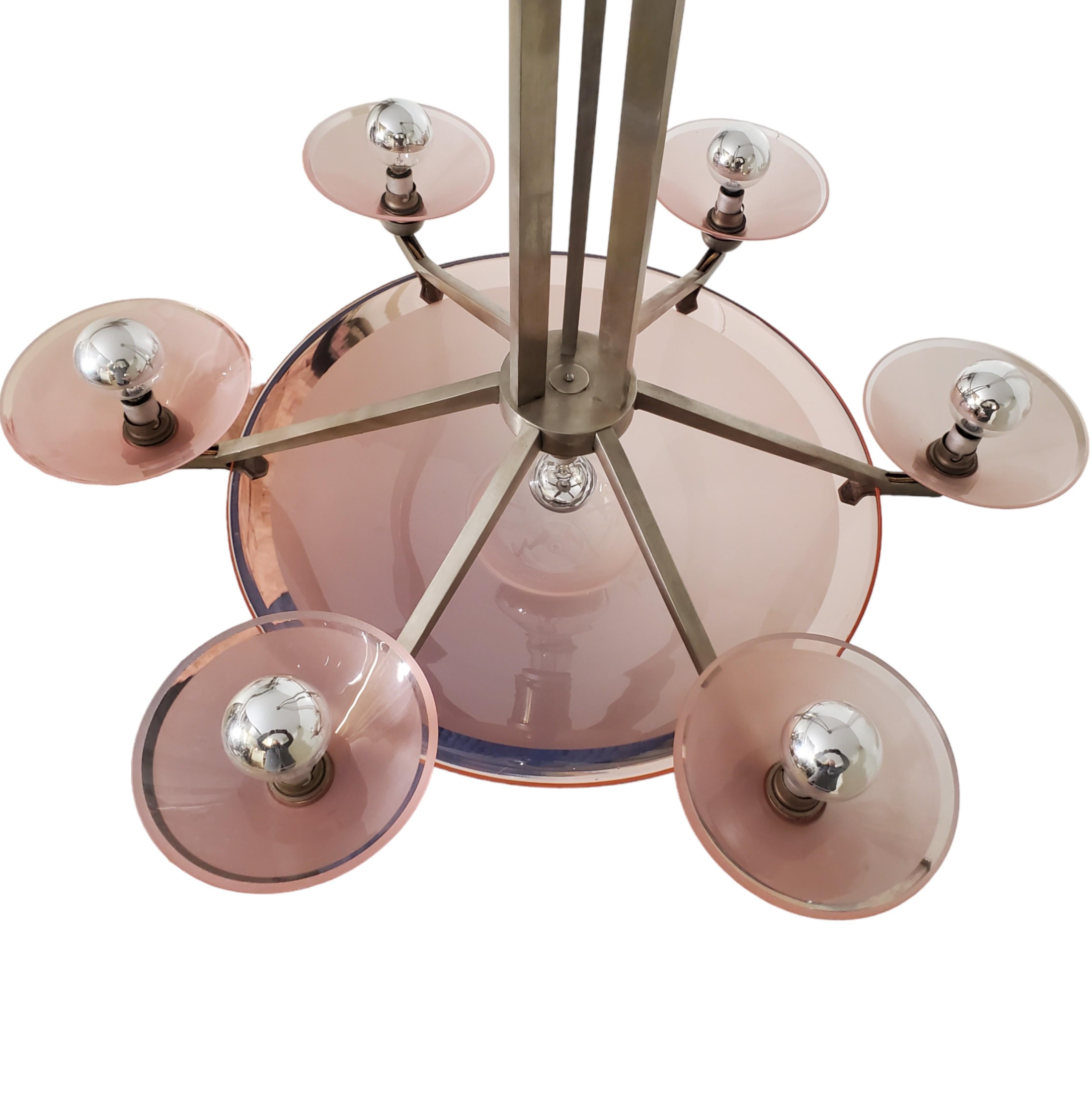 French Pink Art Deco nickeled bronze chandelier w/ large central coupe & 6 cups  For Sale 14
