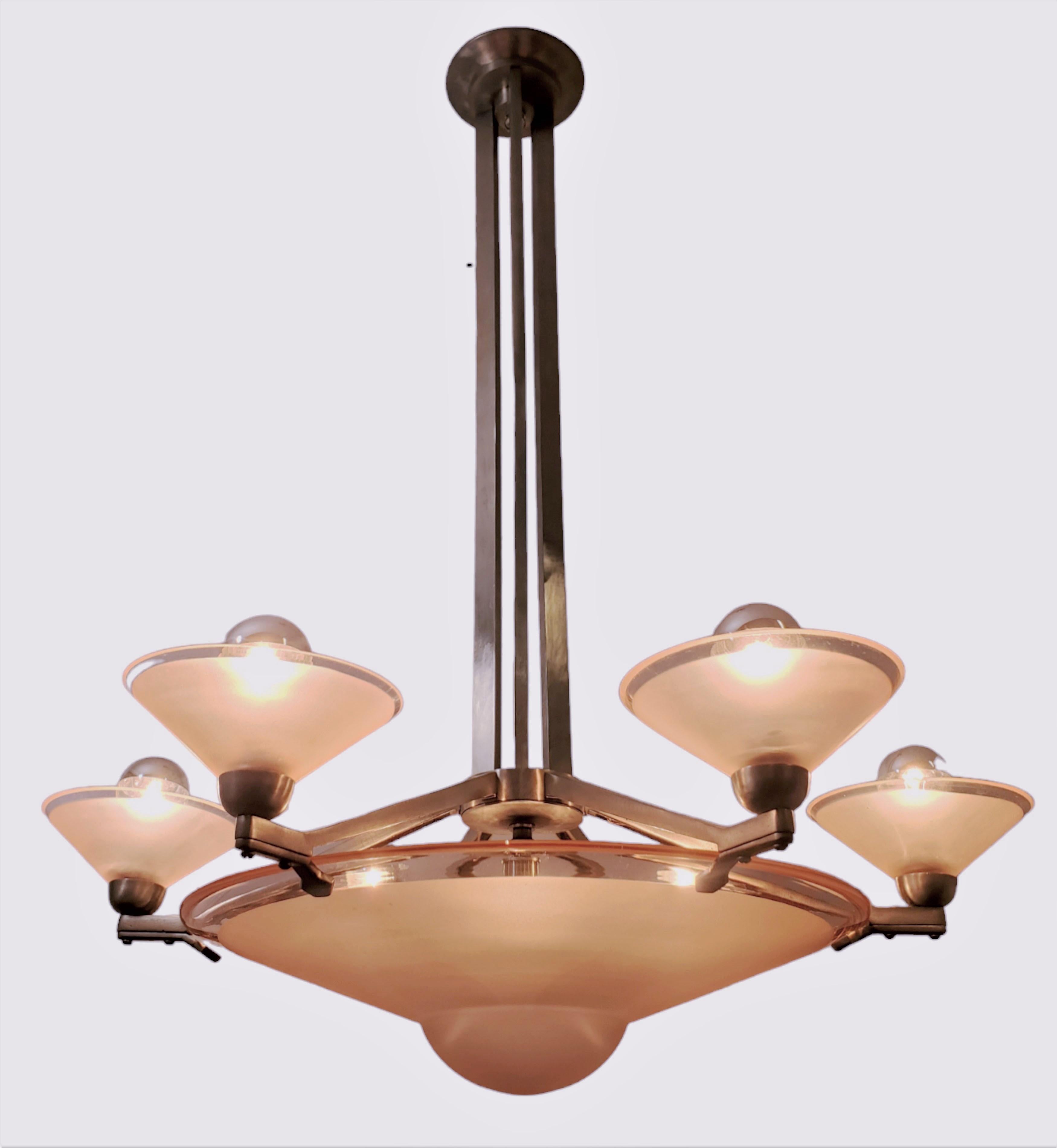 French Pink Art Deco nickeled bronze chandelier w/ large central coupe & 6 cups  In Good Condition For Sale In New York City, NY