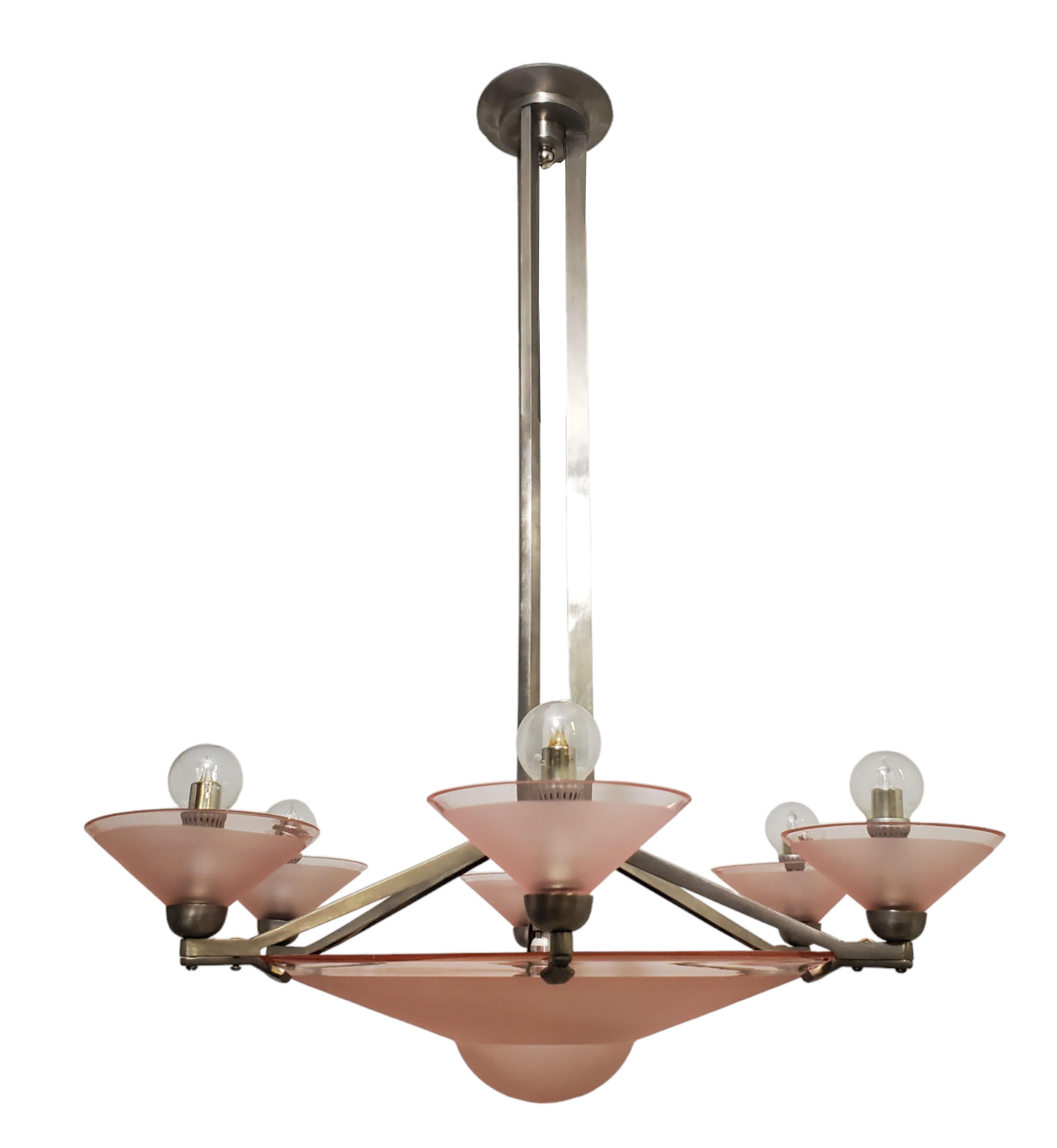 French Pink Art Deco nickeled bronze chandelier w/ large central coupe & 6 cups  For Sale 1