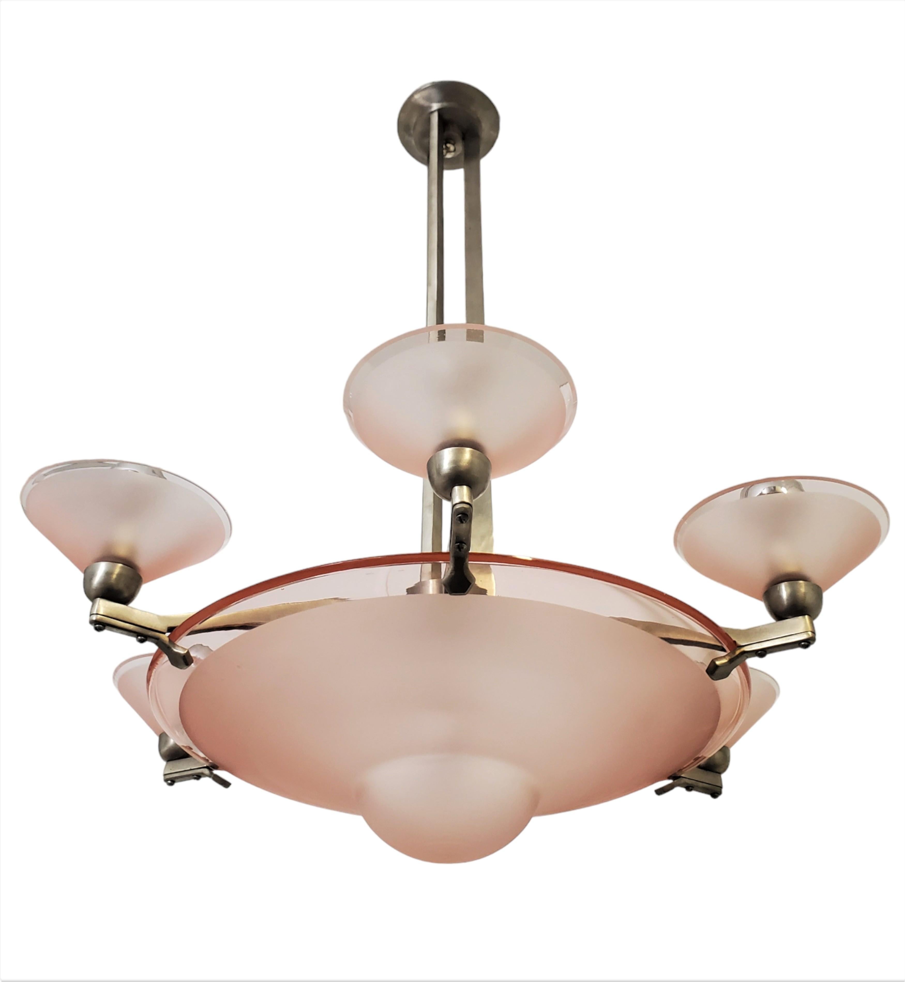 French Pink Art Deco nickeled bronze chandelier w/ large central coupe & 6 cups  For Sale 3