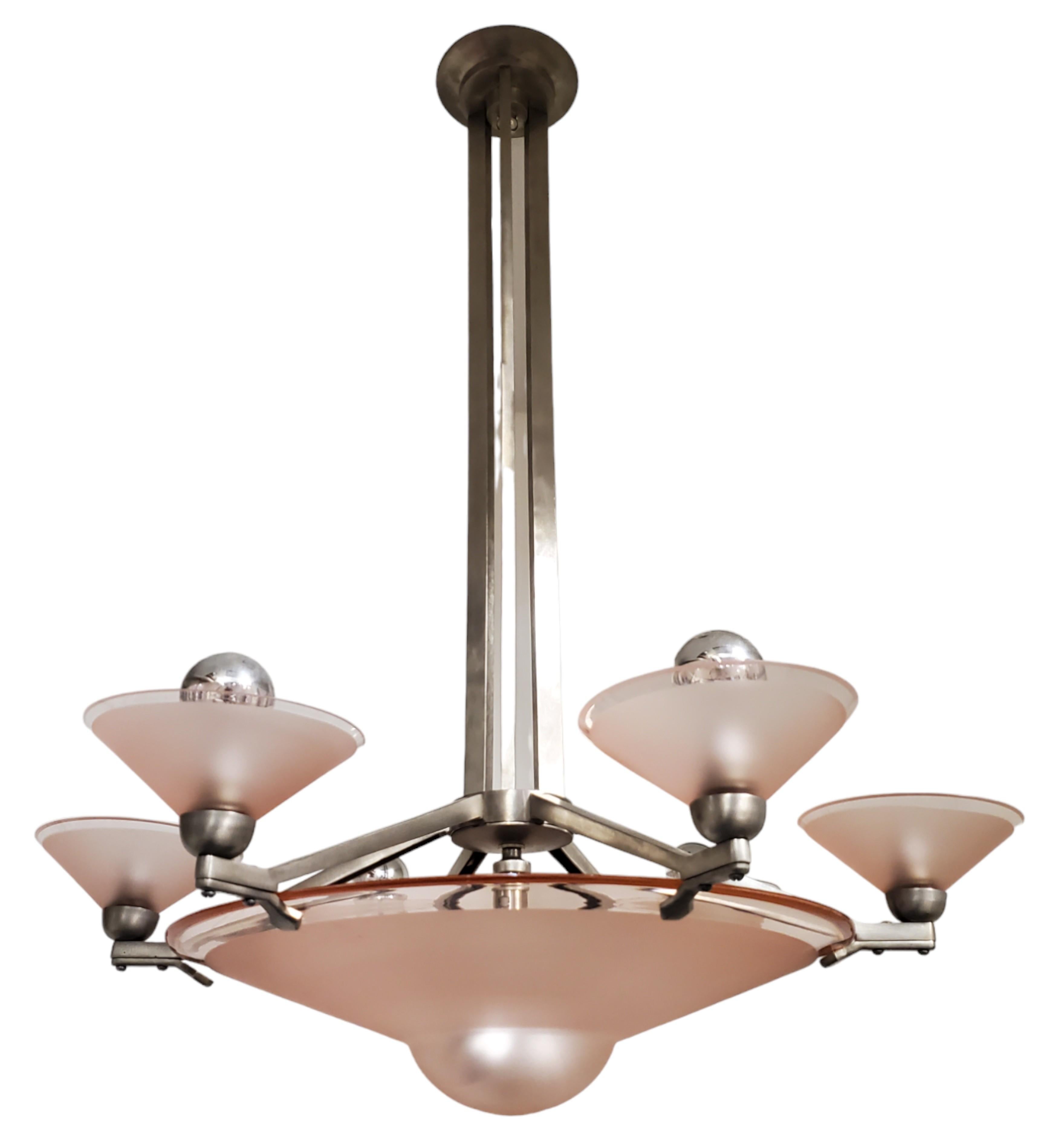 French Pink Art Deco nickeled bronze chandelier w/ large central coupe & 6 cups  For Sale 4