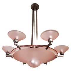 Antique French Pink Art Deco nickeled bronze chandelier w/ large central coupe & 6 cups 