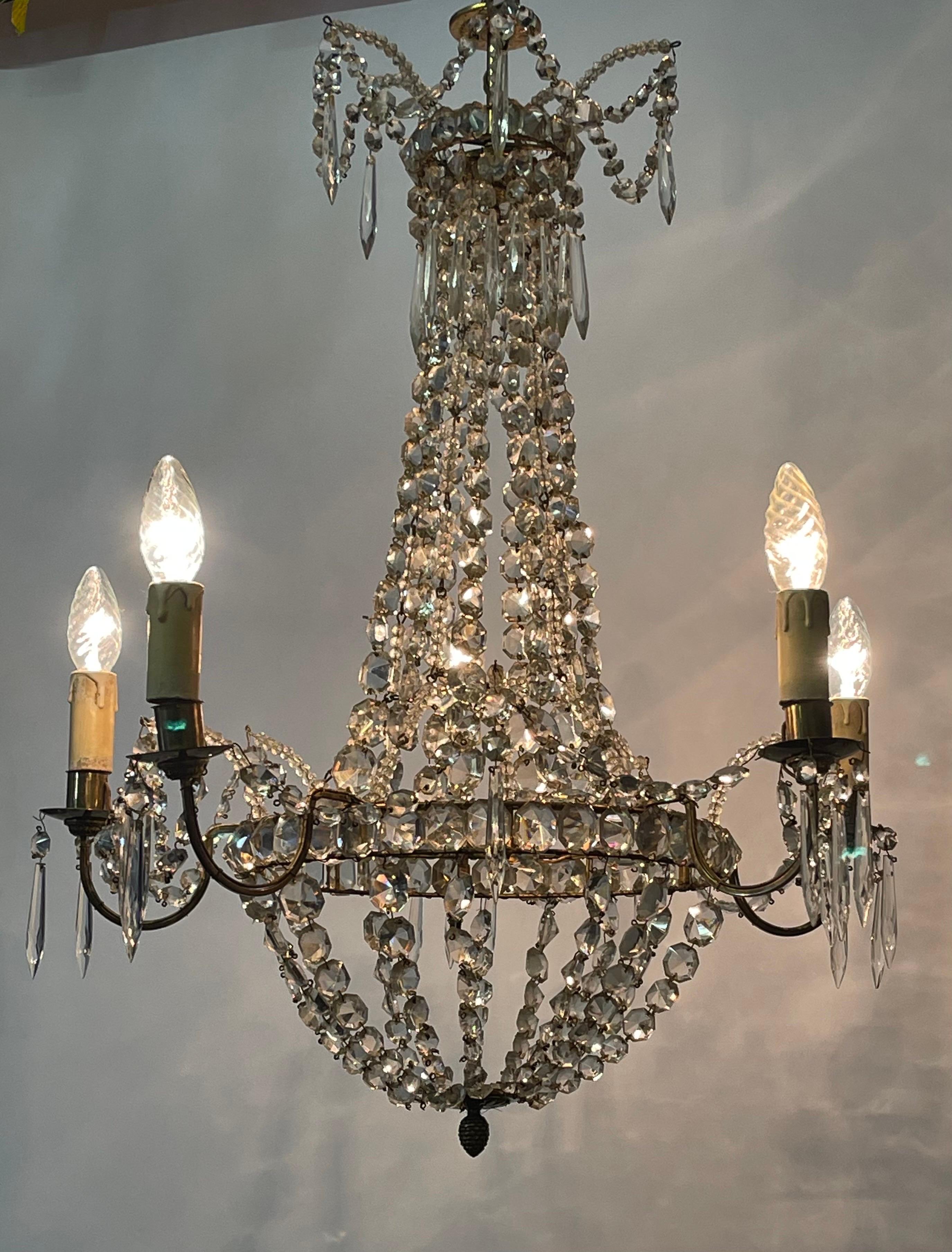 Early 20th Century French Beaded Regency Style Basket Chandelier, 1920s For Sale