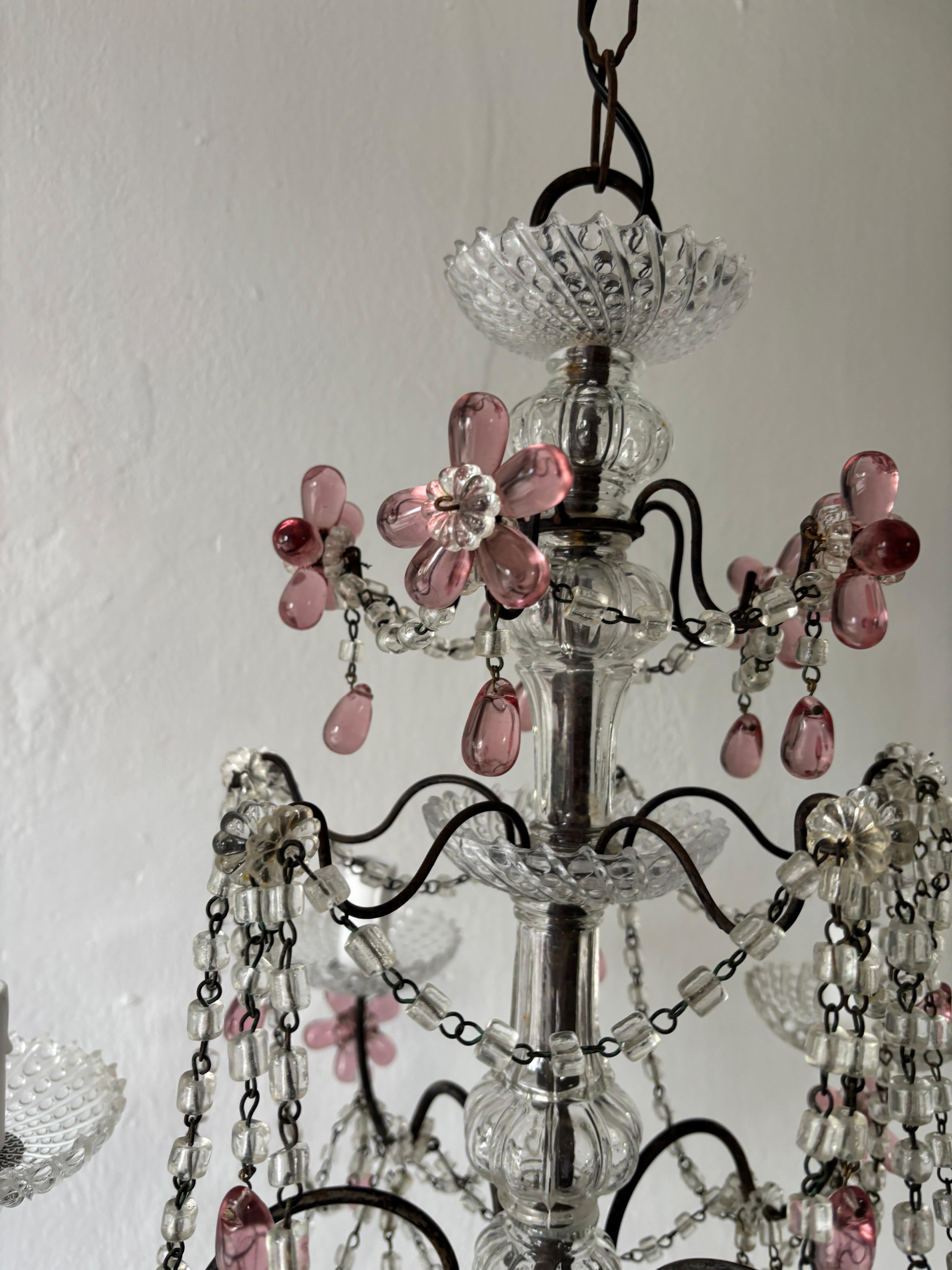 Araña francesa de cristal de Murano con flores de arándano rosa, hacia 1920 en Bueno estado para la venta en Firenze, Toscana
