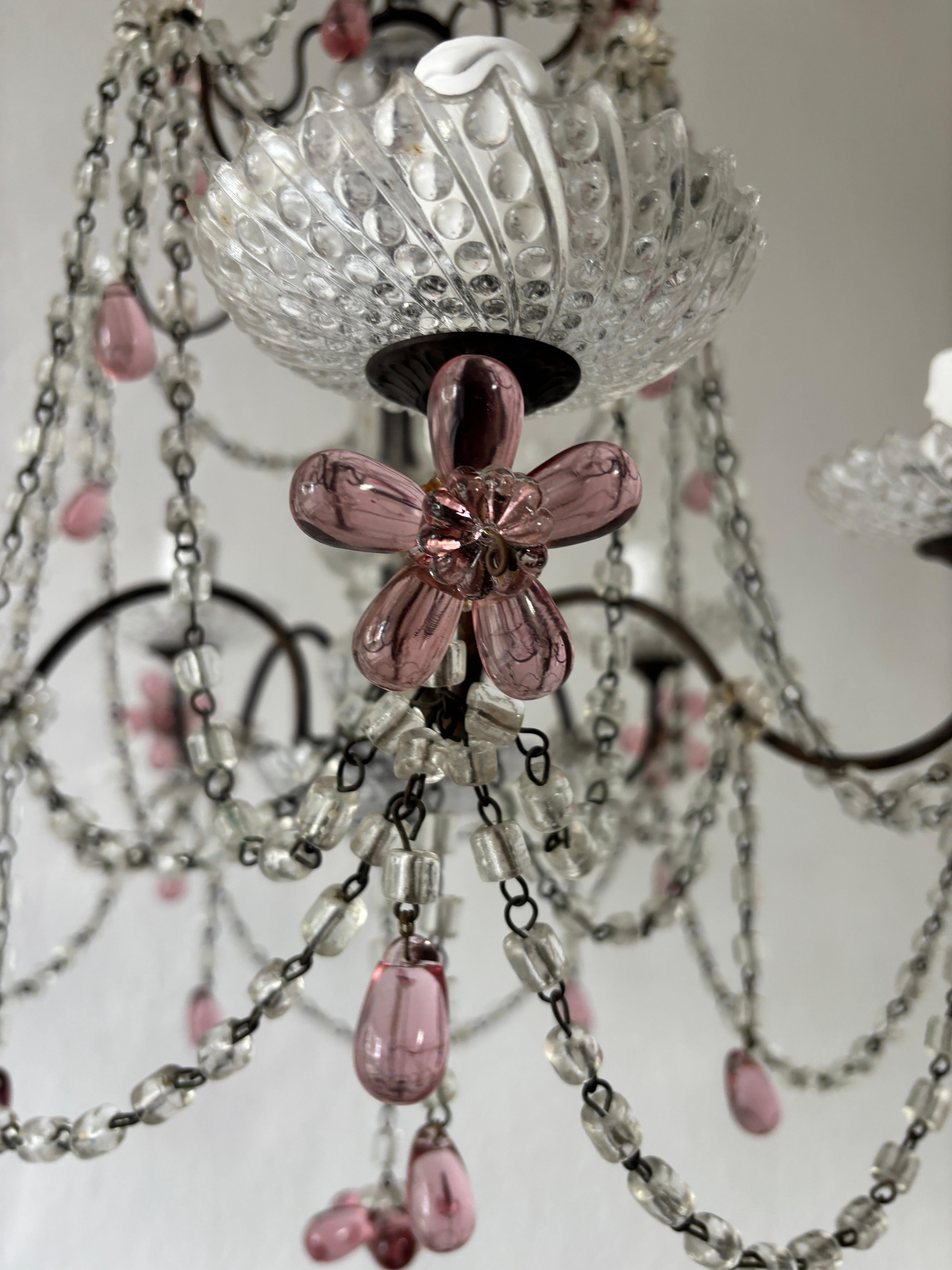 Araña francesa de cristal de Murano con flores de arándano rosa, hacia 1920 Cristal de Murano en venta