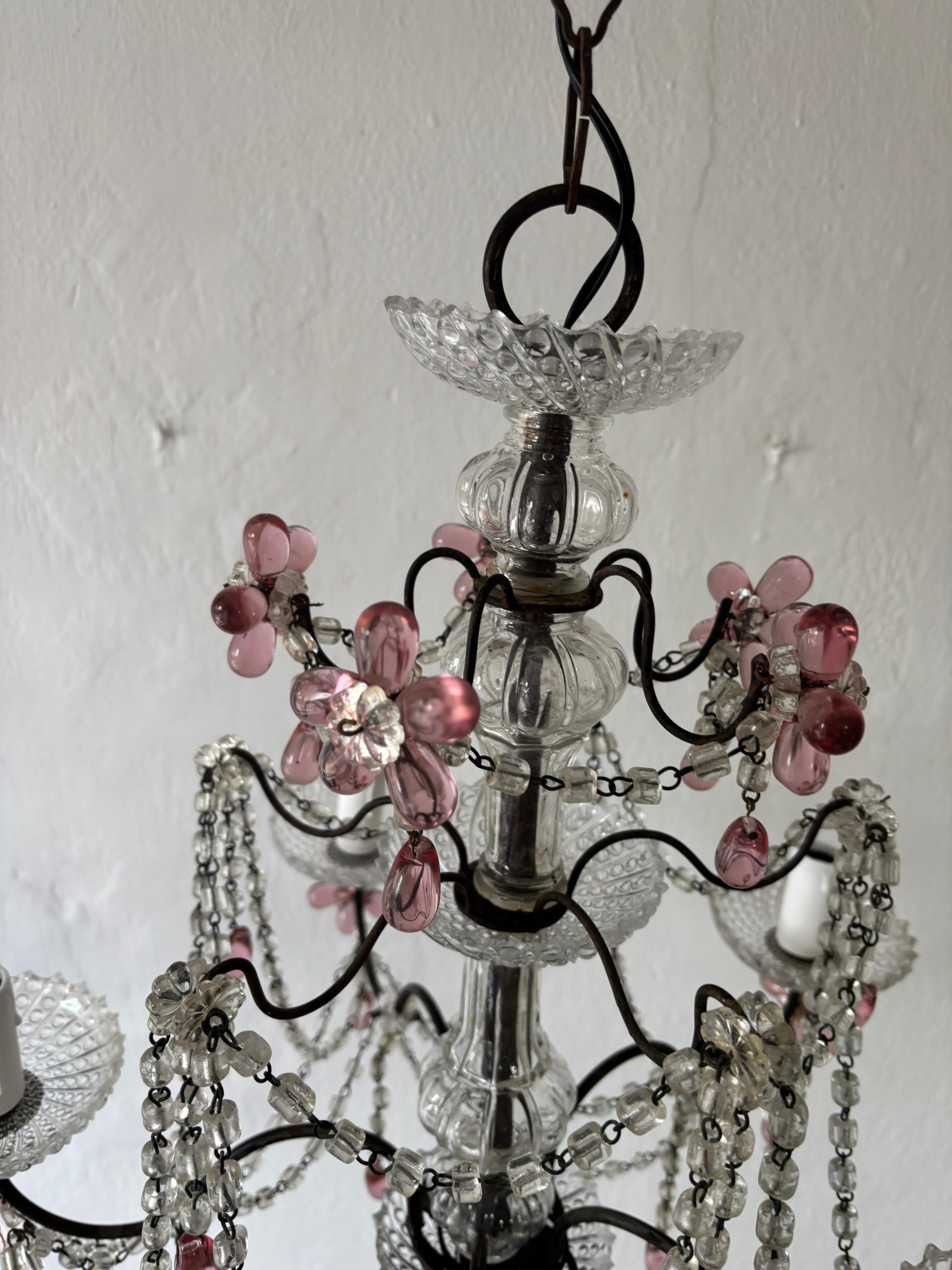 Araña francesa de cristal de Murano con flores de arándano rosa, hacia 1920 en venta 2