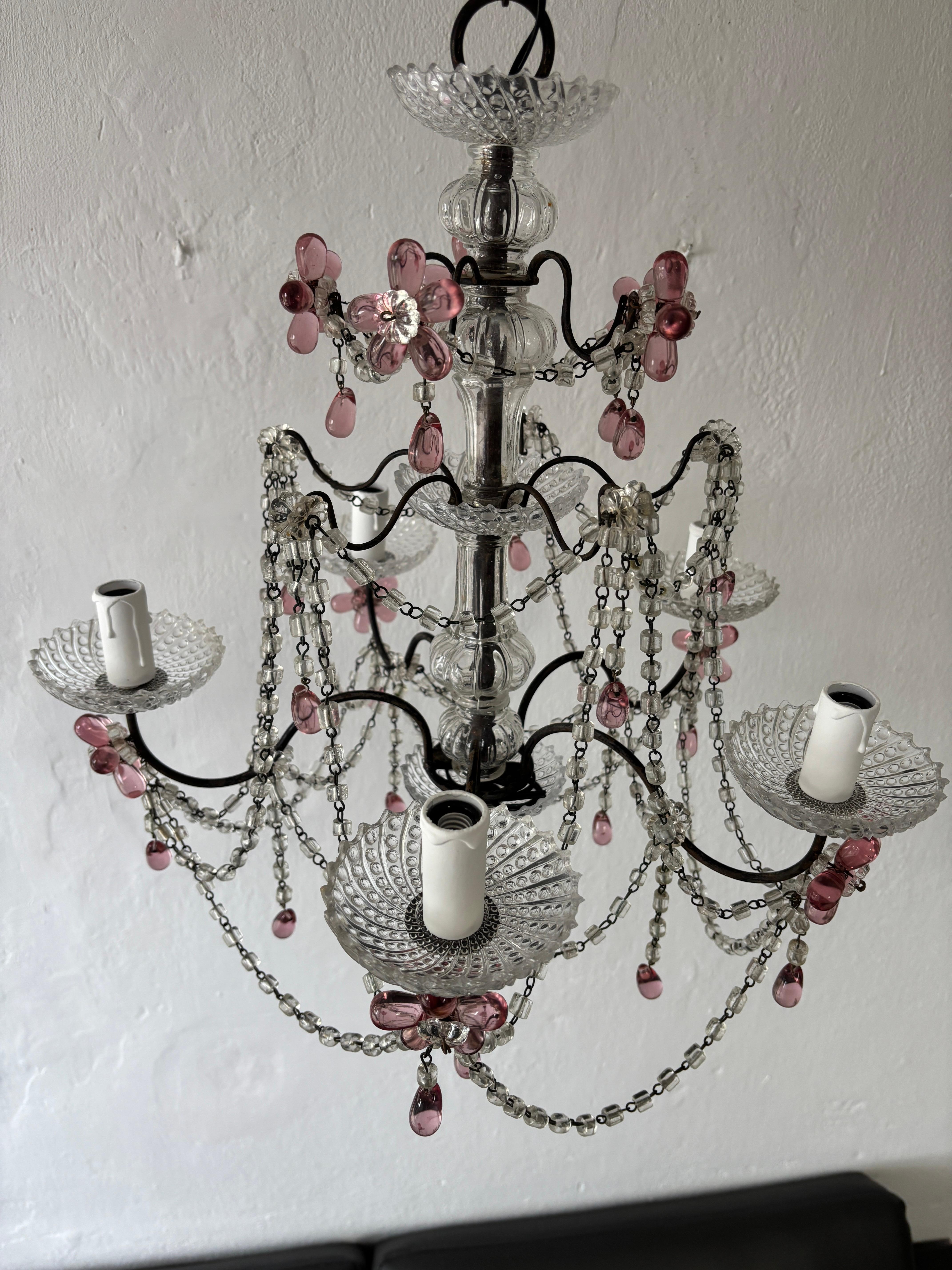 Araña francesa de cristal de Murano con flores de arándano rosa, hacia 1920 en venta 3