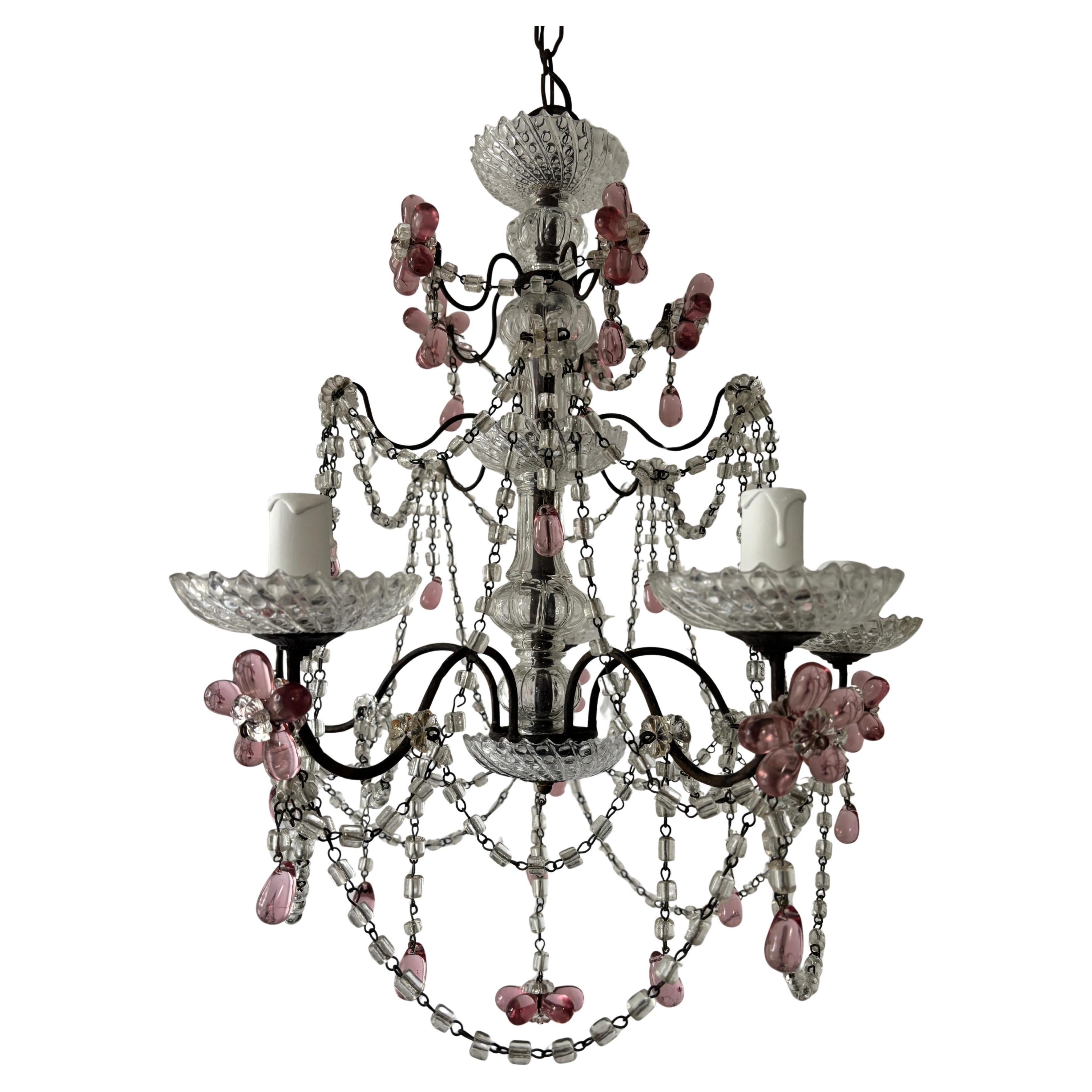 Araña francesa de cristal de Murano con flores de arándano rosa, hacia 1920 en venta