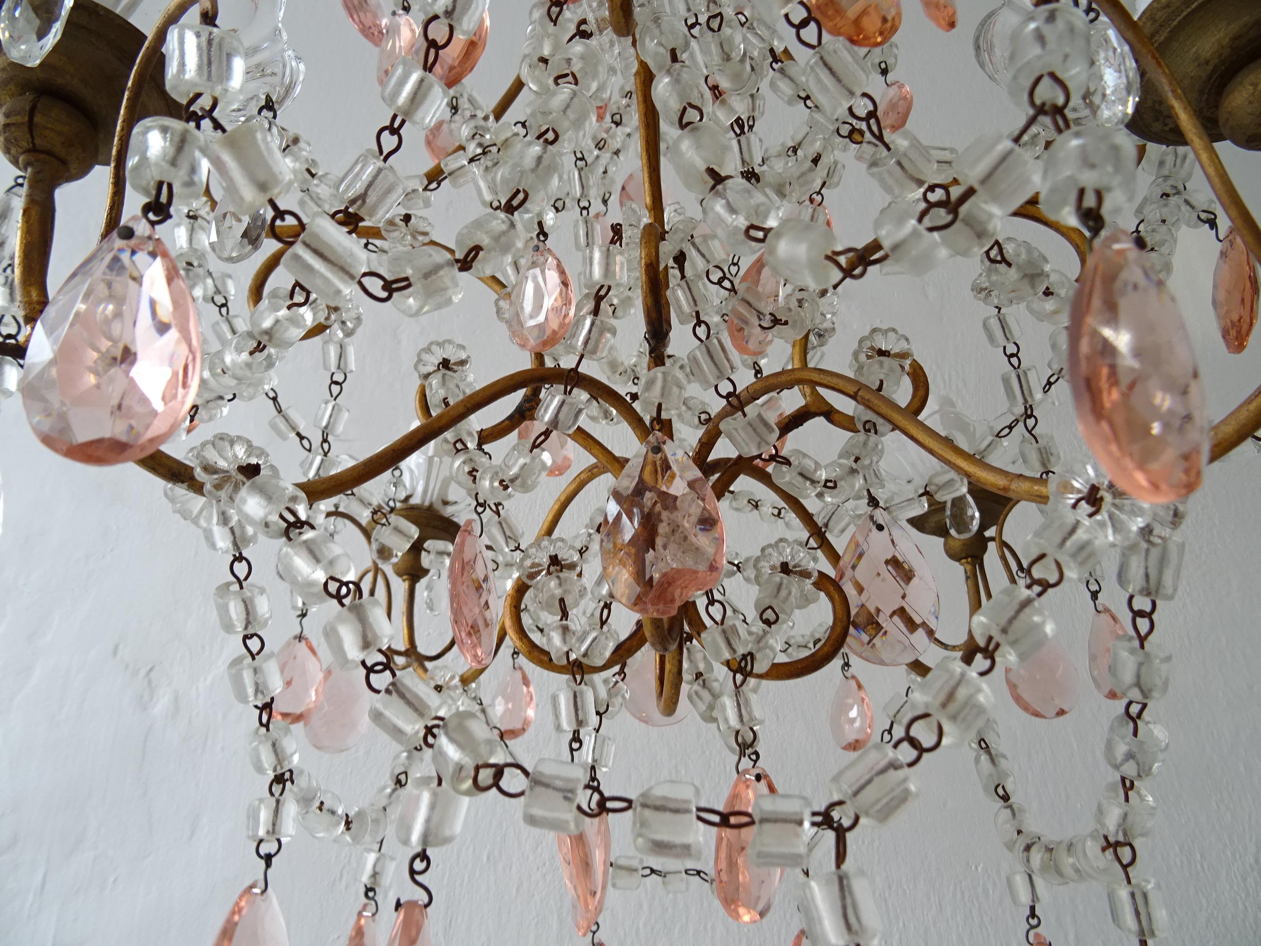 French Pink Crystal Prisms & Swags Giltwood Chandelier, circa 1920 For Sale 7