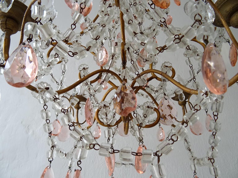 French Pink Crystal Prisms and Swags Giltwood Chandelier, circa 1920