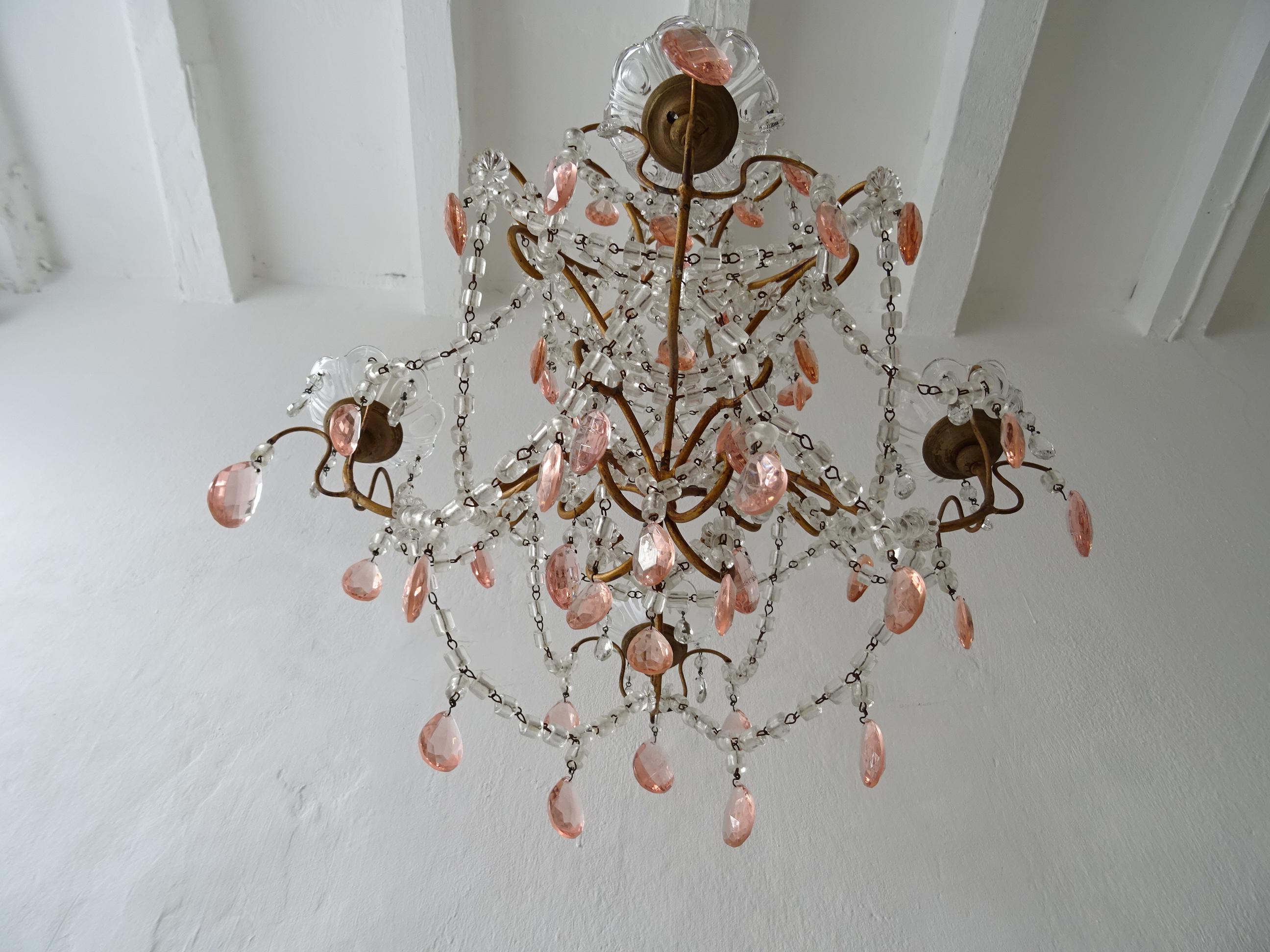 Baroque French Pink Crystal Prisms & Swags Giltwood Chandelier, circa 1920 For Sale