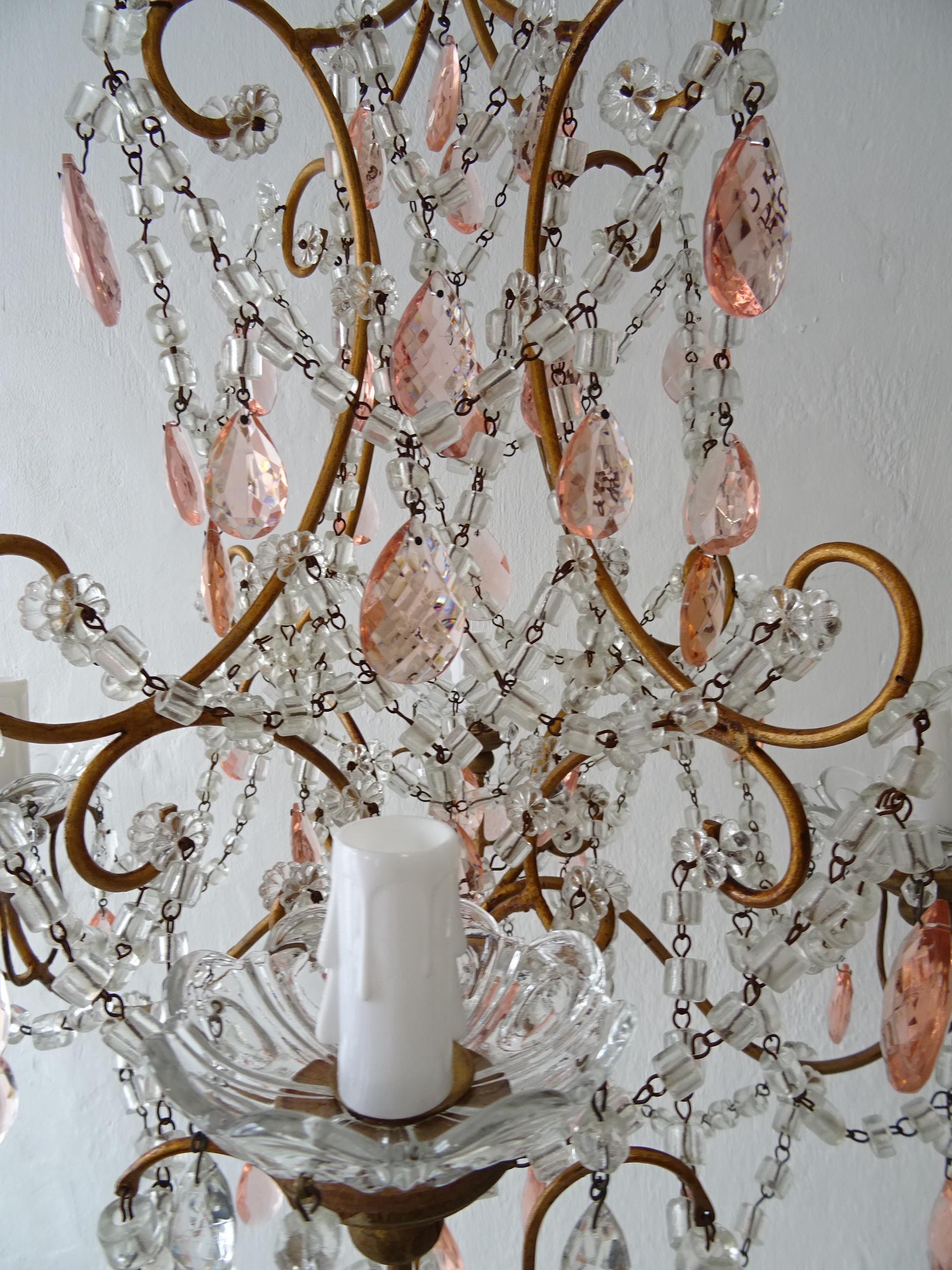 Early 20th Century French Pink Crystal Prisms & Swags Giltwood Chandelier, circa 1920 For Sale