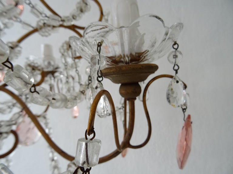 French Pink Crystal Prisms and Swags Giltwood Chandelier, circa 1920